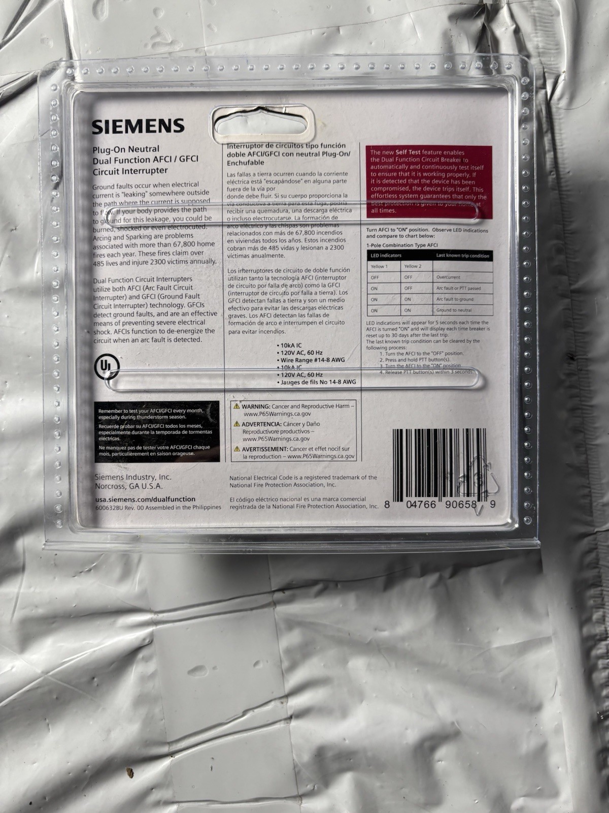 Siemens 15A Plug-On Neutral AFCI/GFCI Q115DFNP Circuit Breaker Type QFGA2N