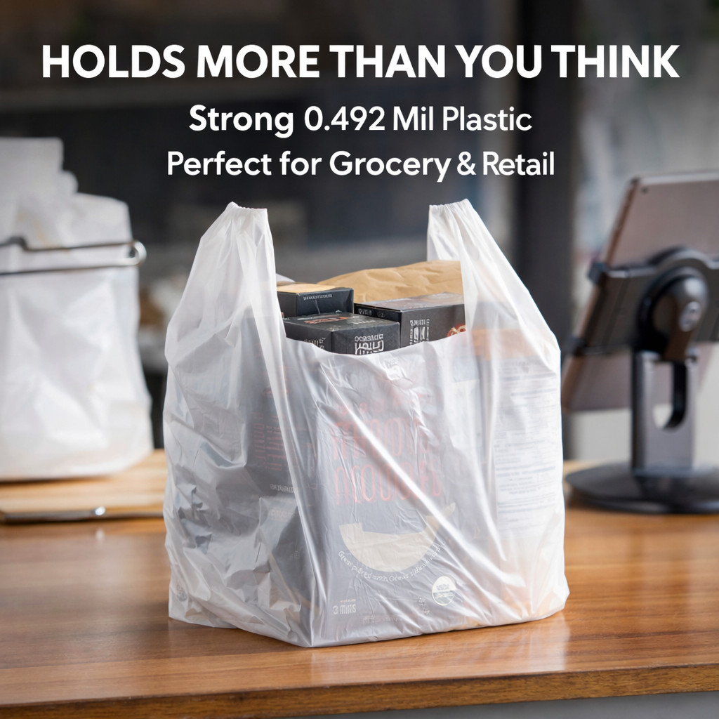 Bags 1/6 Large 21 x 6.5 x 11.5 White T-Shirt Plastic Grocery Shopping Bags F&S