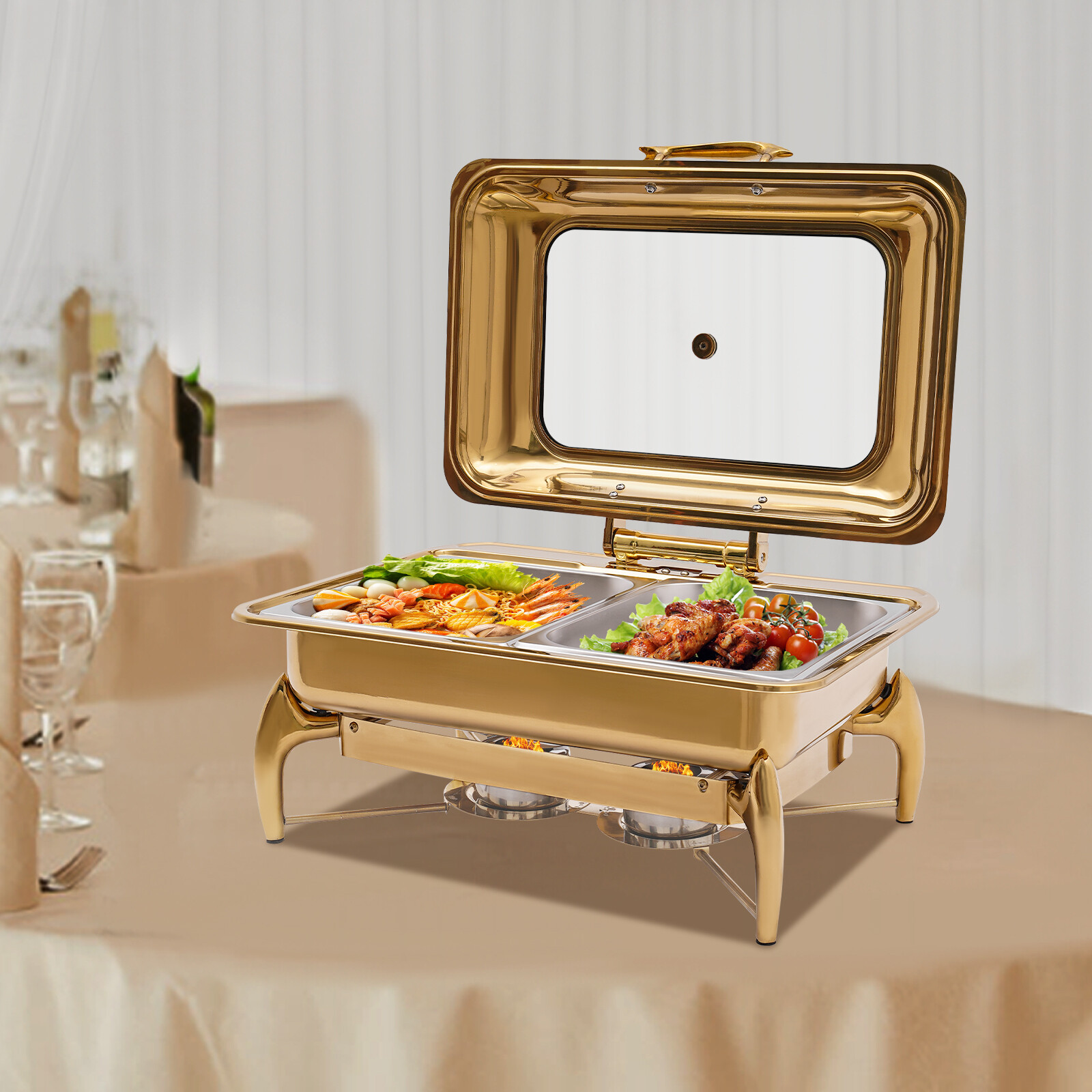 Gold 9QT Roll Top Chafing Dish Buffet Set Stainless Steel with Fuel Holder Home