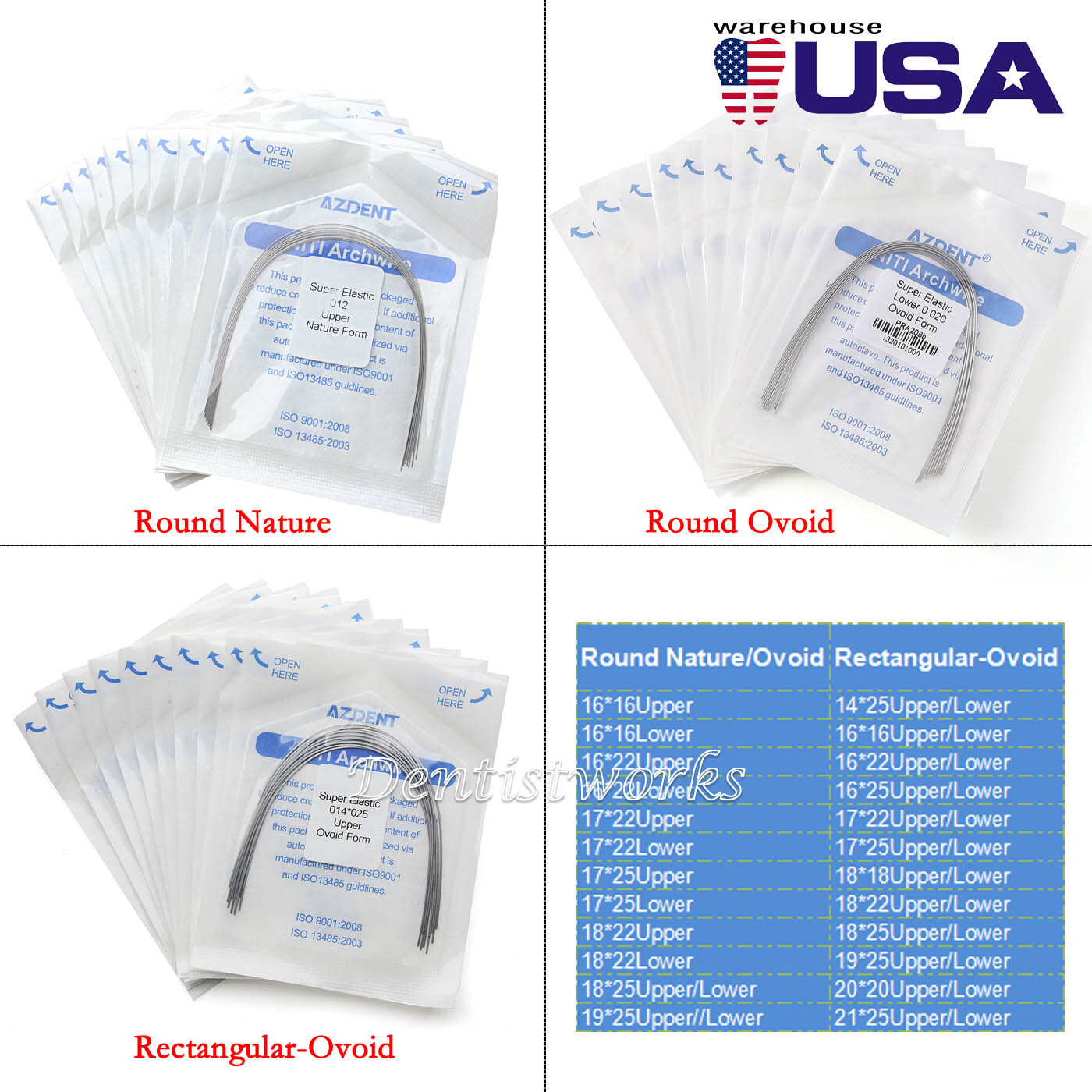 AZDENT Dental Ortho Braces Brackets Mini Roth MBT /Niti Super Elastic Arch Wires