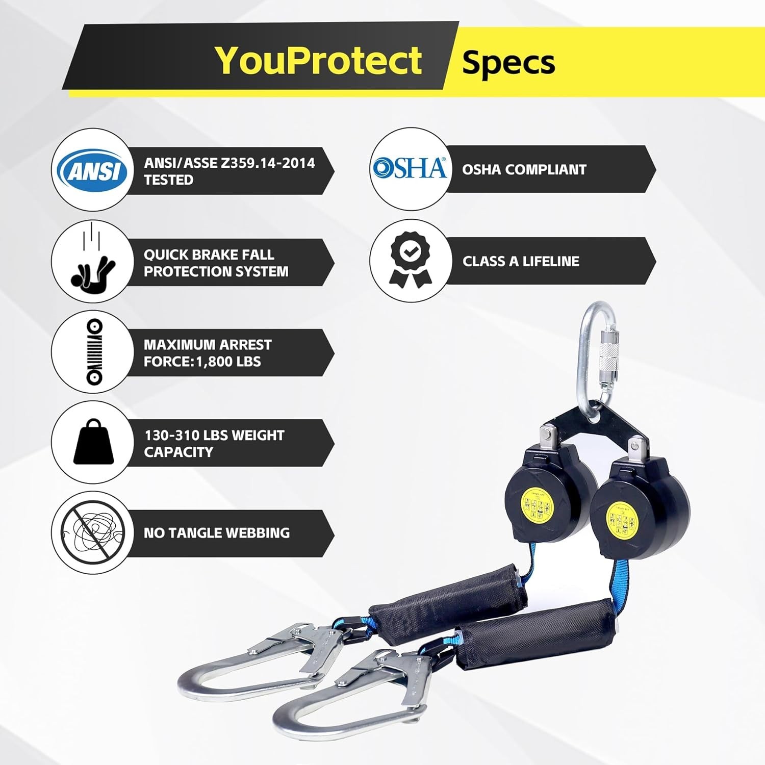 6 FT Dual Leg Self-Retracting Lifeline Web Lanyard Retractable, 2.36 in Shock Ab