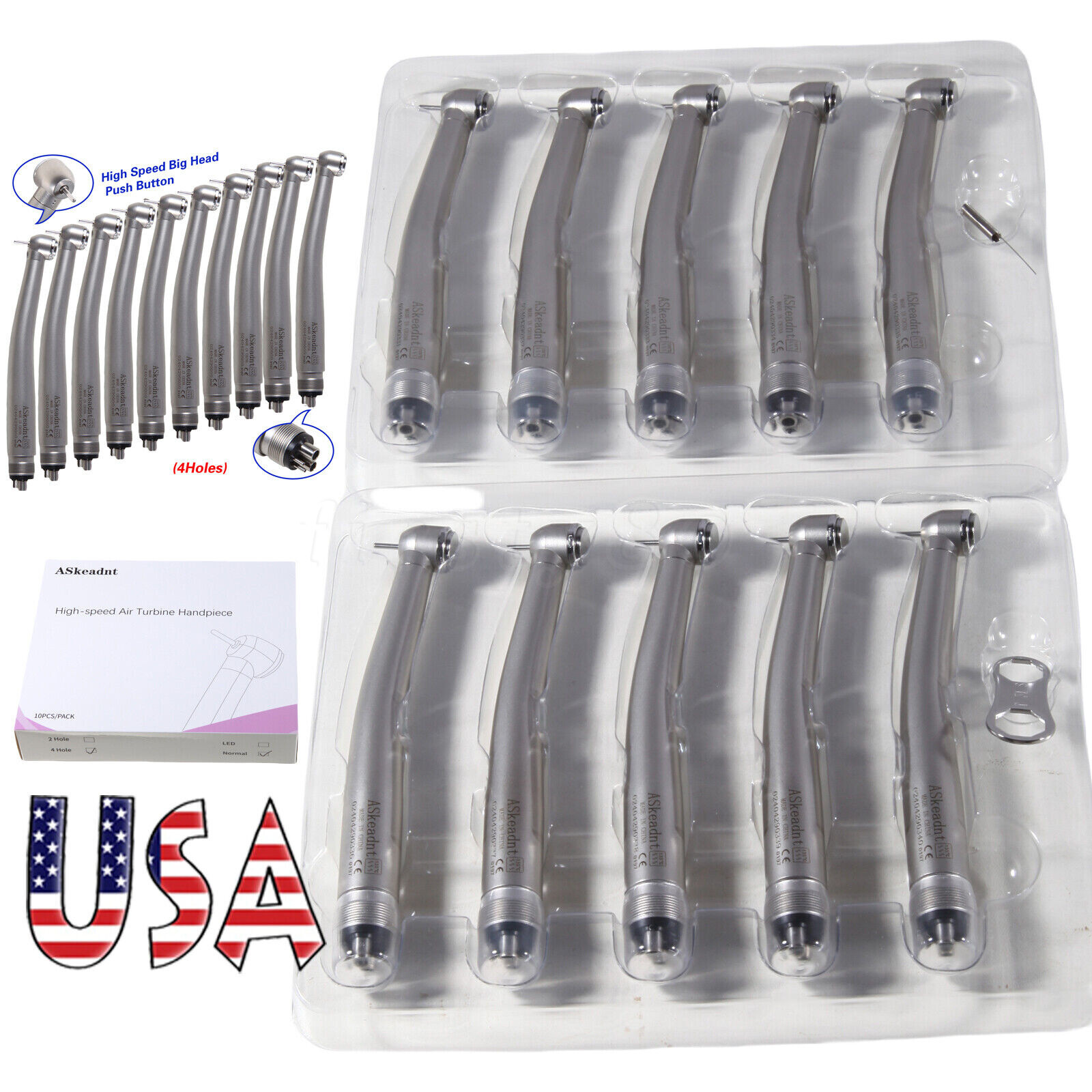 10 PCS Dental High Speed Handpiece Push Button Turbine 4 Hole NSK Pana Max Style