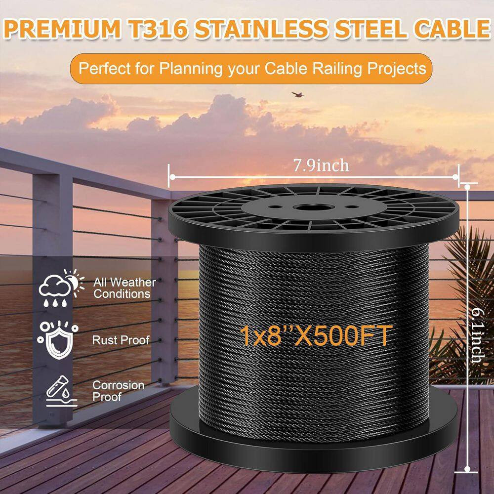 6.1 In. H X 7.9 In. W Black T316 500 Ft. Metal 1/8 In. Cable Wire Rope with Cutt