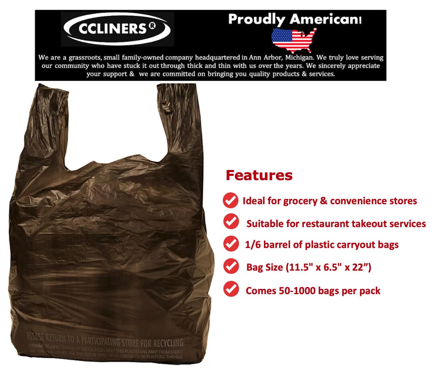 Member’s Mark Black T-Shirt Carryout Bags (1,000 ct.), Size 11.5″ x 6.5″ x 22″