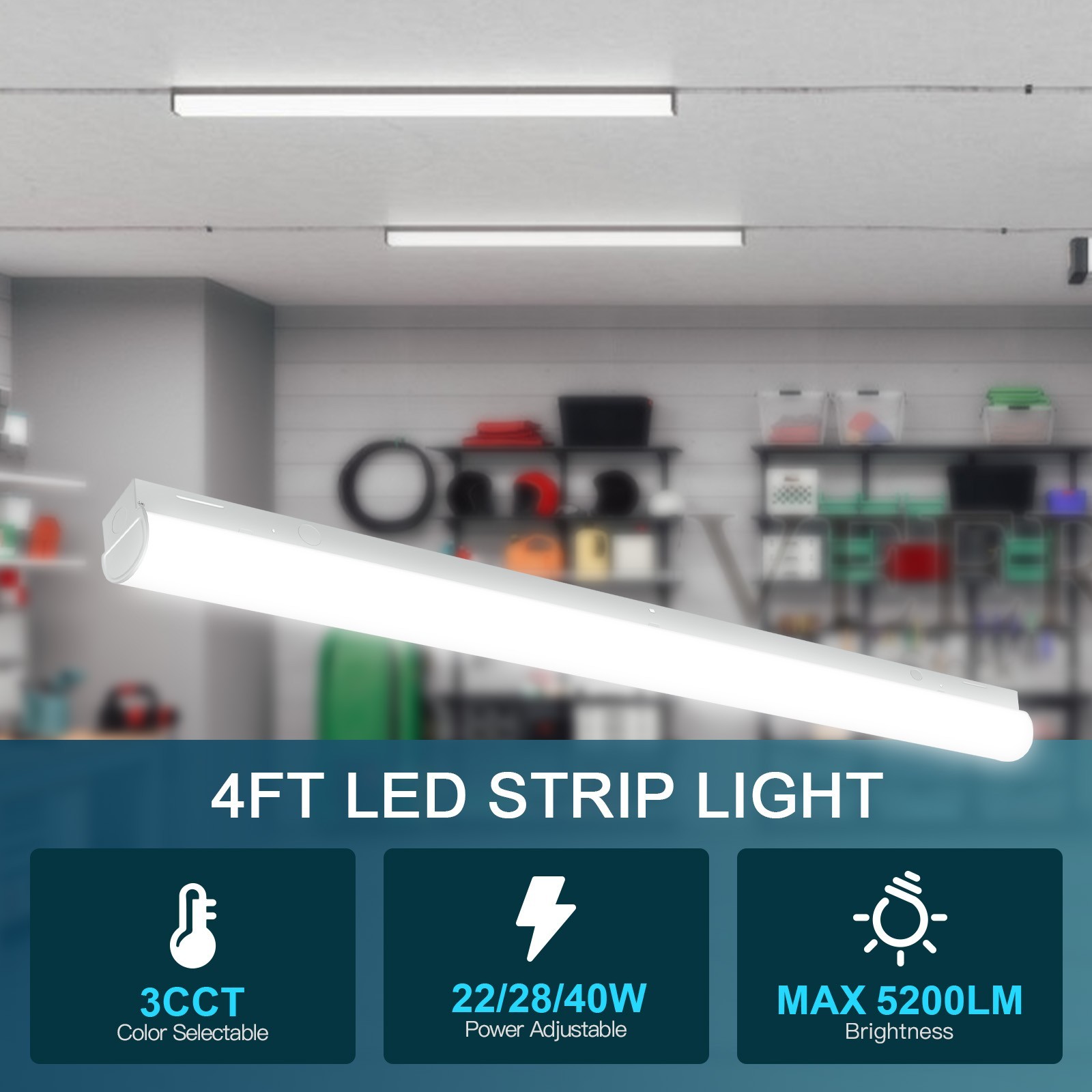 4FT LED Linear Shop Light, 3CCT 3500-5000K, 3 Lumen, 120-277V 0-10V Dim, UL/DLC