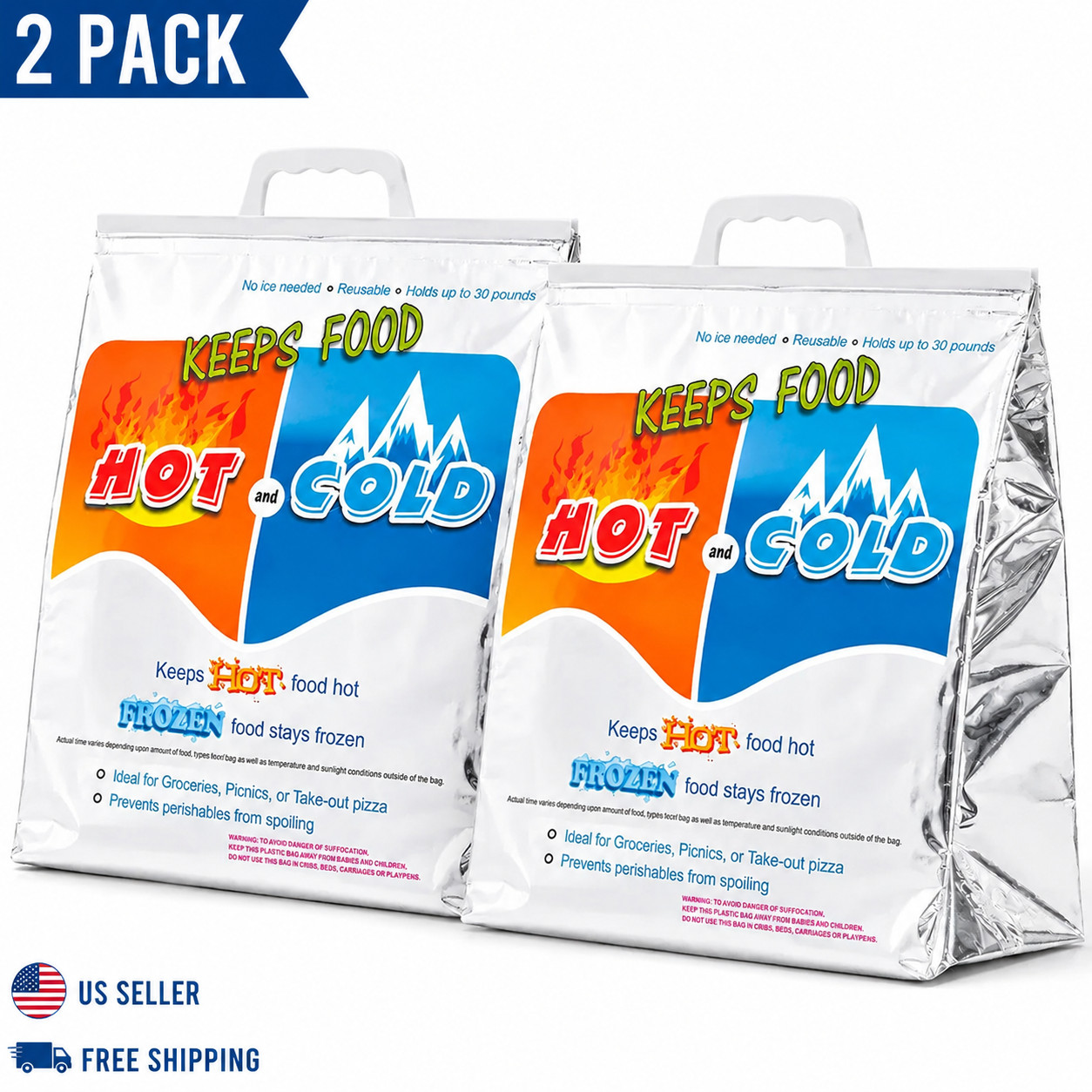 2 Pack Insulated Hot & Cold Food Delivery Bags Thermal Grocery Cooler Tote