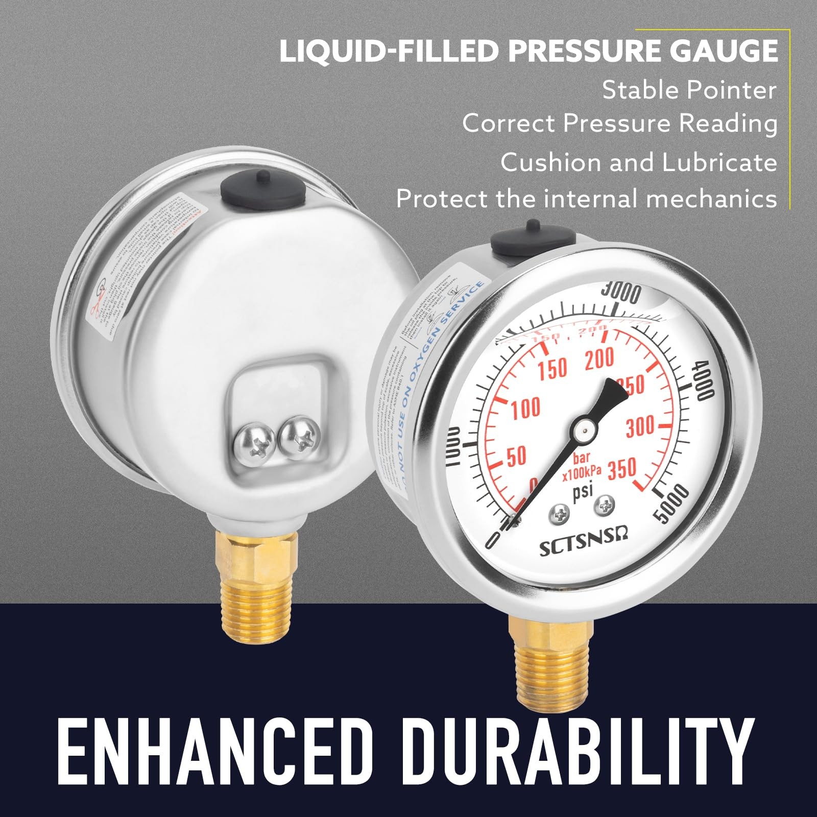 HeavyDuty Pressure Gauge 5000 PSI Glycerin Liquid Filled 1/4 NPT Stainless Stee