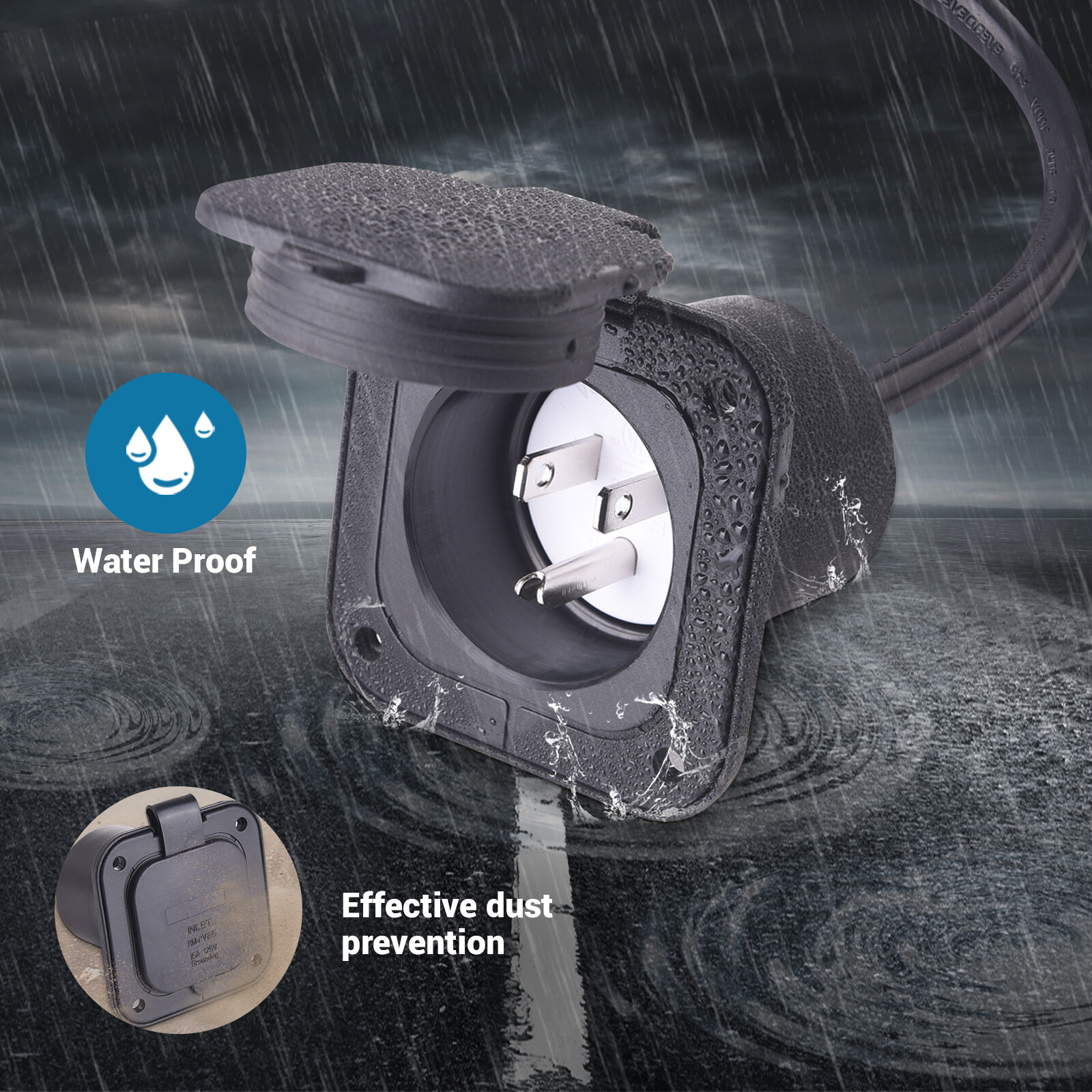 15 Amp 125V AC Power Inlet Port Plug with Integrated 18″ Extension Cord for Boat