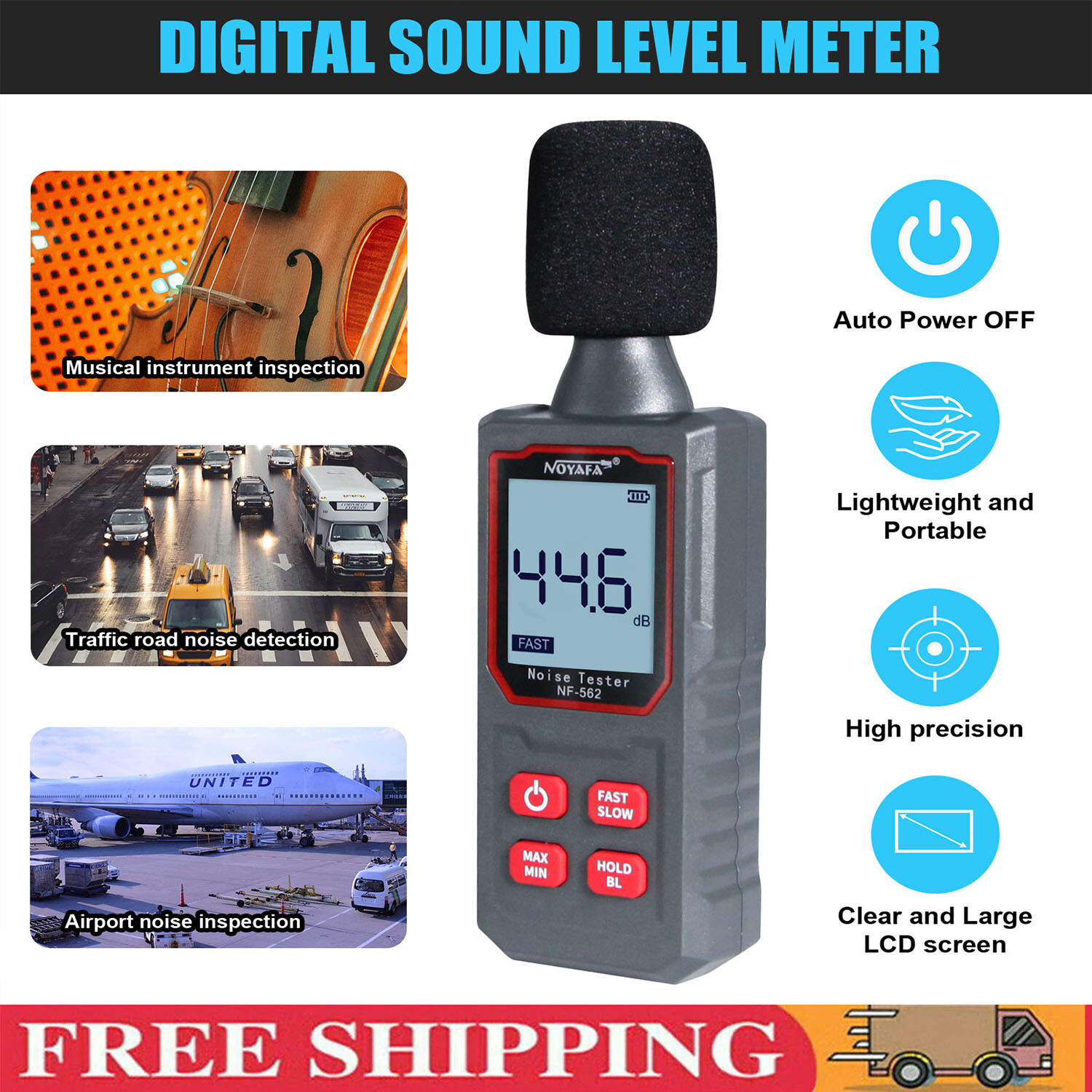 Decibel Meter, Portable Digital Noise Meter 30-130dB Sound Monitoring Tester