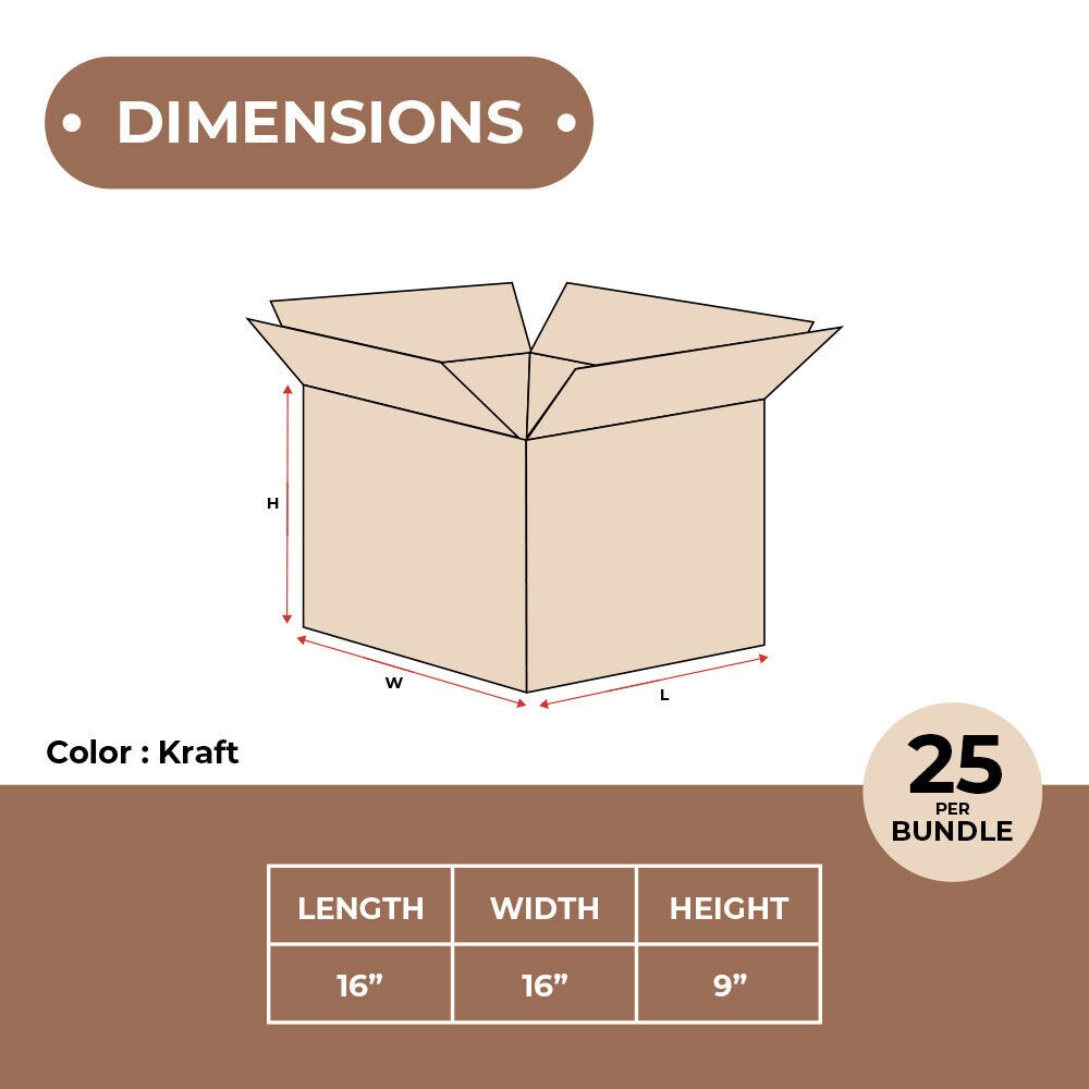 16 x 16 x 9″ Corrugated Boxes ECT-32 Brown Shipping/Moving/Packing Box 25/Bundle