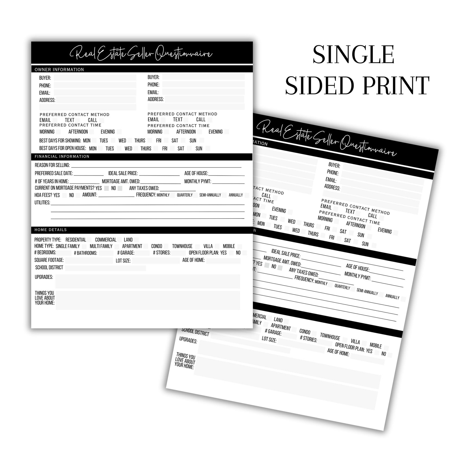 Real Estate Buyer Seller Questionnaire Agent Forms Open House 50 Pack