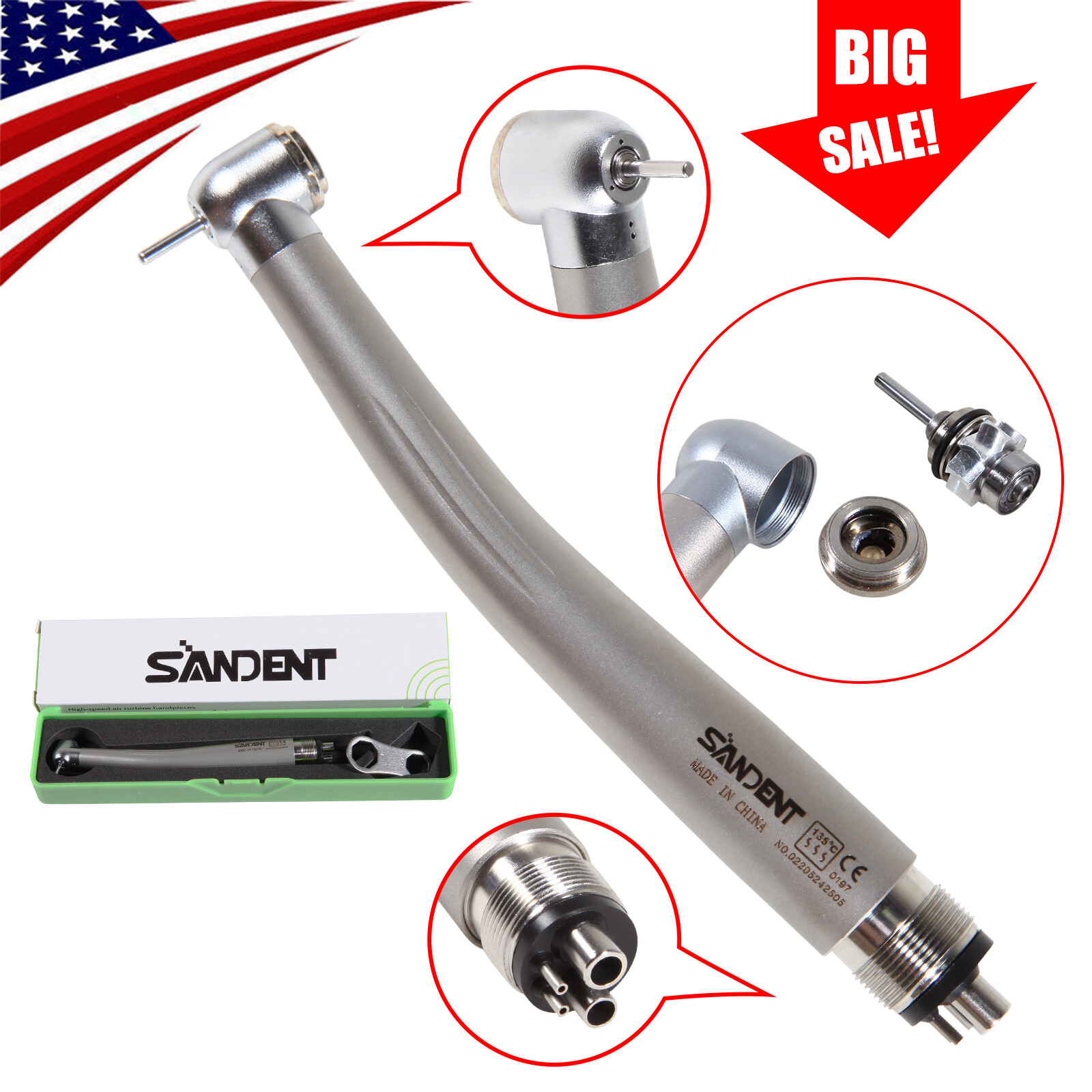 SANDENT Standard Head Dental Air Turbine High Speed Push Button Handpiece 4 Hole