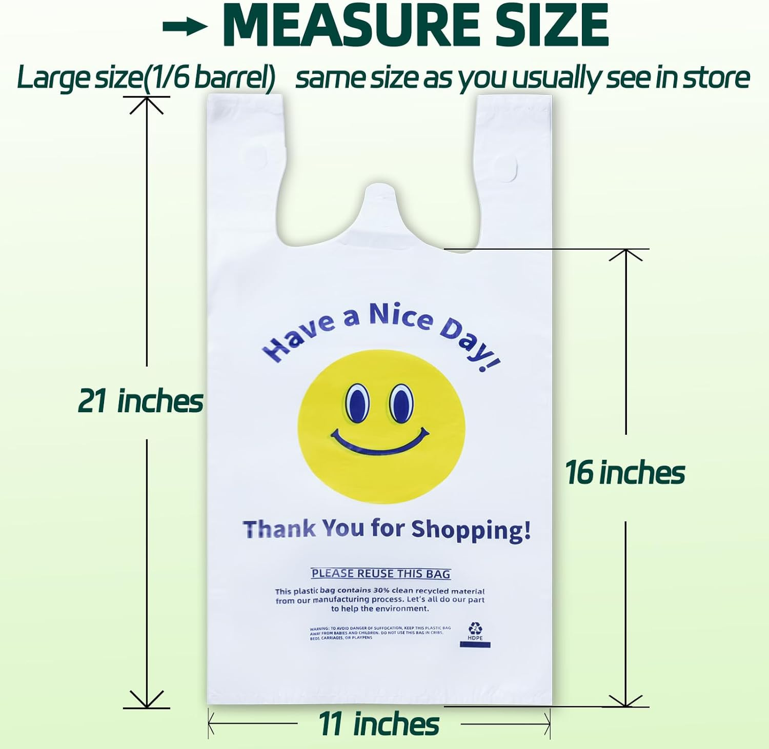 100-Pack White T-Shirt Plastic Bags, 0.8 Mil, 11″x6″x21″, Heavy-Duty Grocery & S
