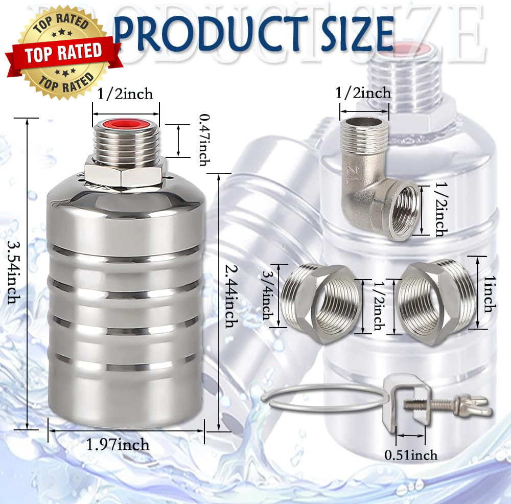 Float Valve,1/2″ to 3/4″ 1” Water Level Control Float Valve, 304 Stainless Stee