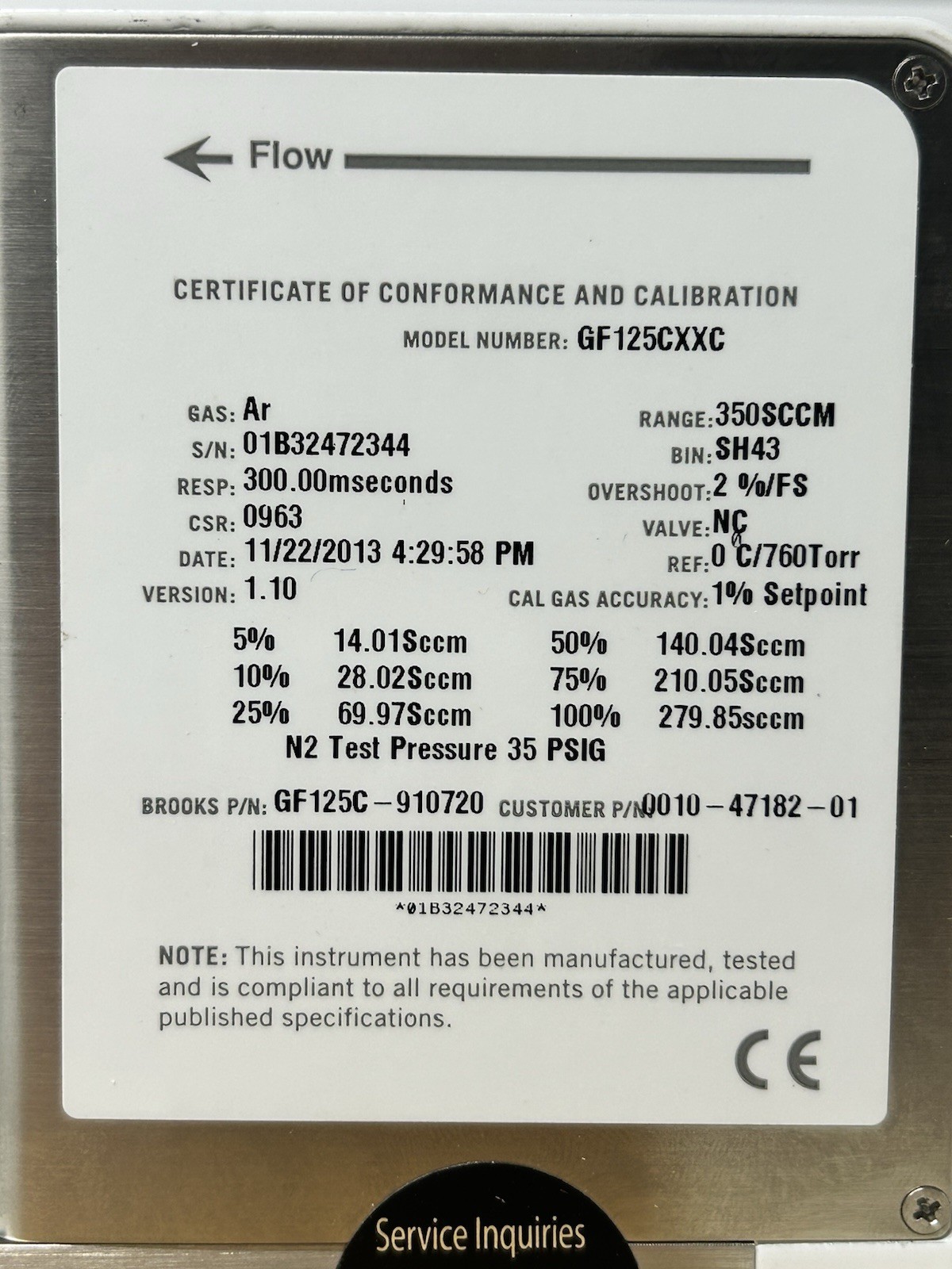 Brooks GF125CXXC GF Series Thermal Mass Flow Controller MFC 350 SCCM Ar