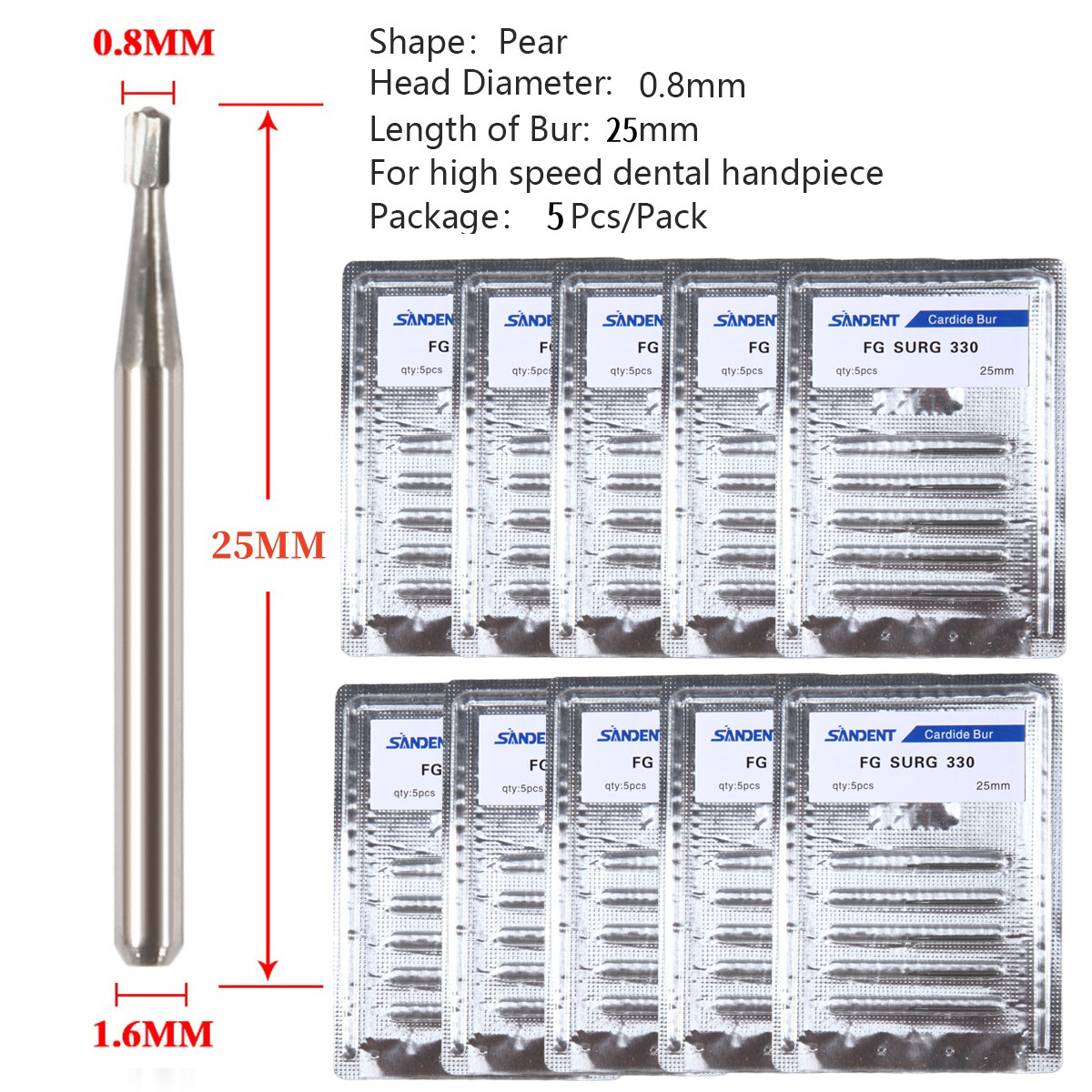 FG # 330 Dental Surgical Carbide Burs 25mm (100pcs=10 Packs)