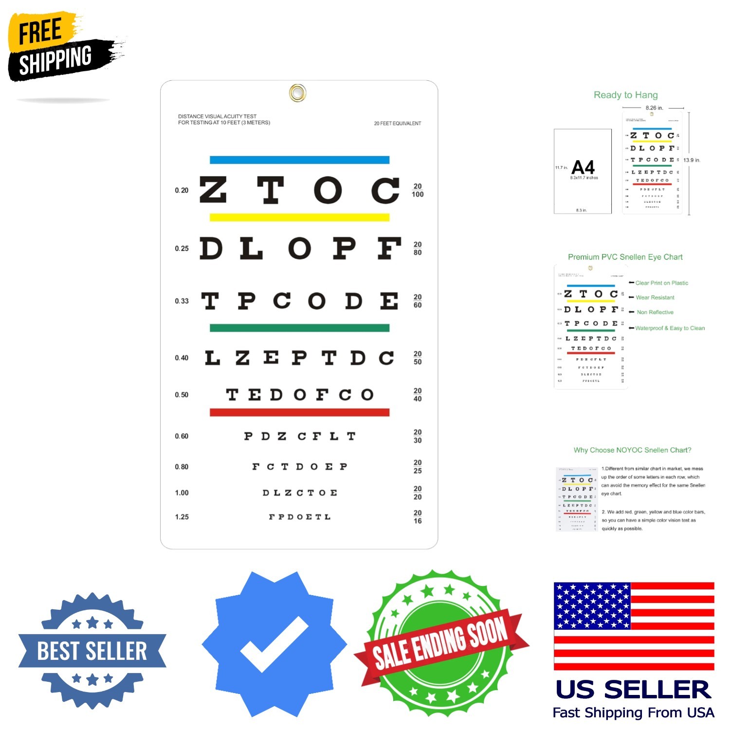 Eye Chart, Upgraded Snellen Eye Chart for Eye Exams 10 Feet, 14×8 Inches Plas…