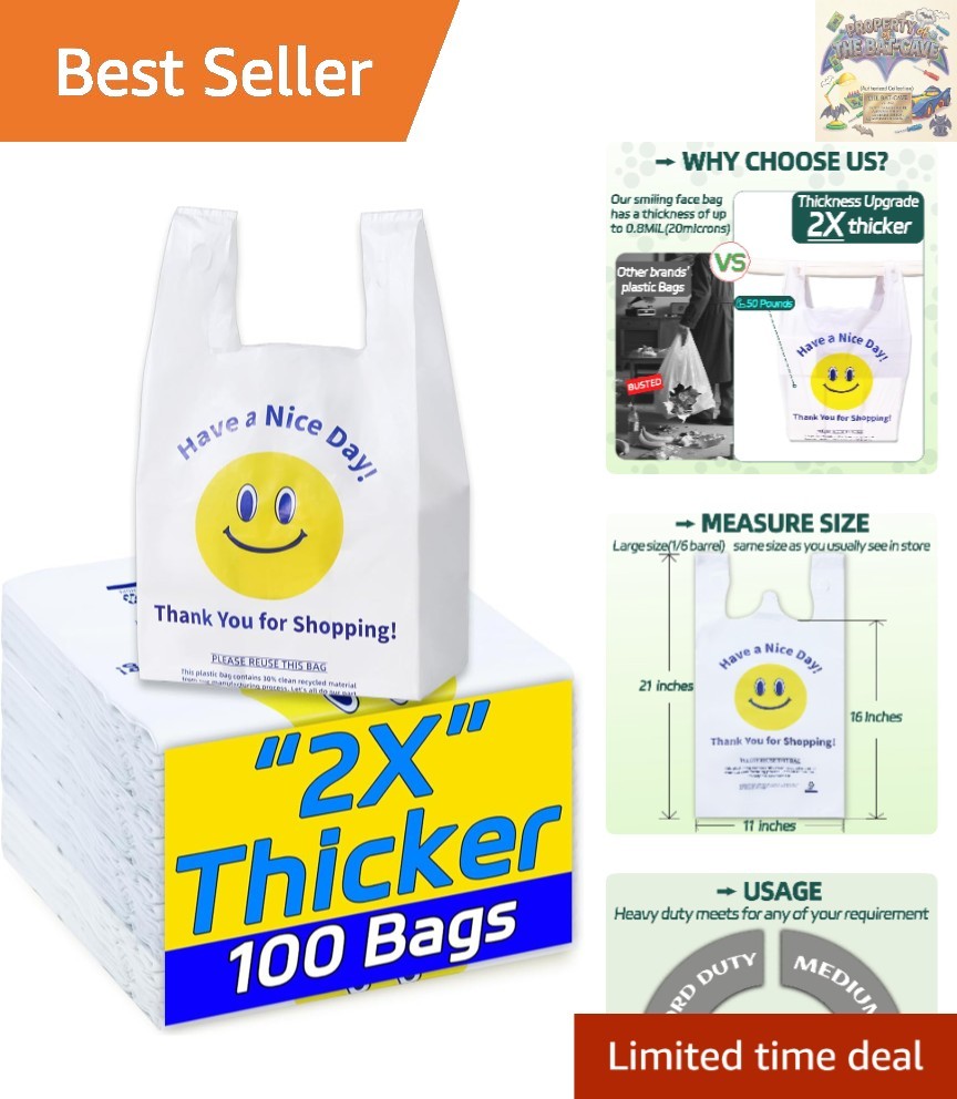100 Count Large Plastic Shopping Bags with Smiling Face & Tie Handles – 11x6x21