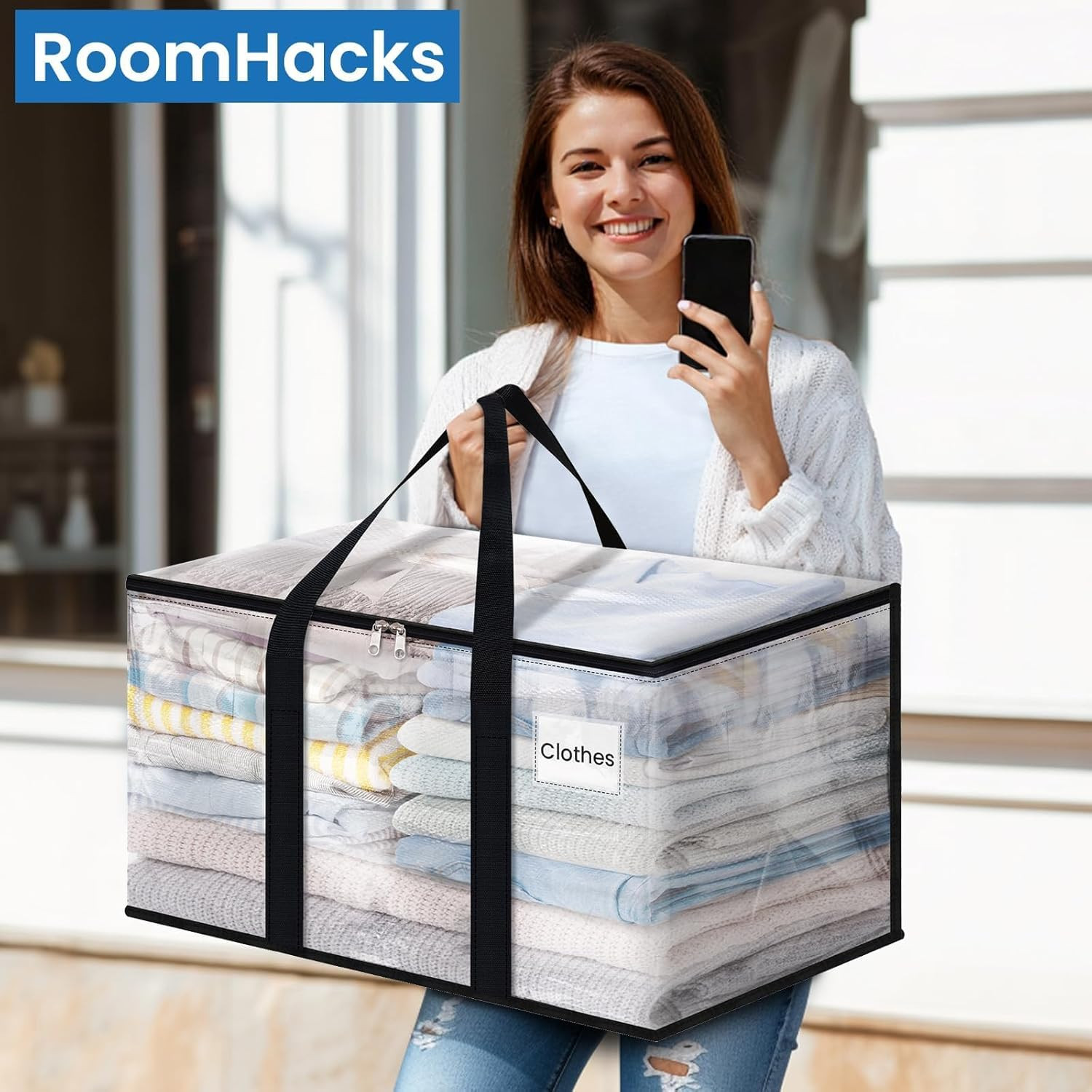 Heavy Duty Clear Moving Bags with Reinforced Handle and Double Zipper, Storage T