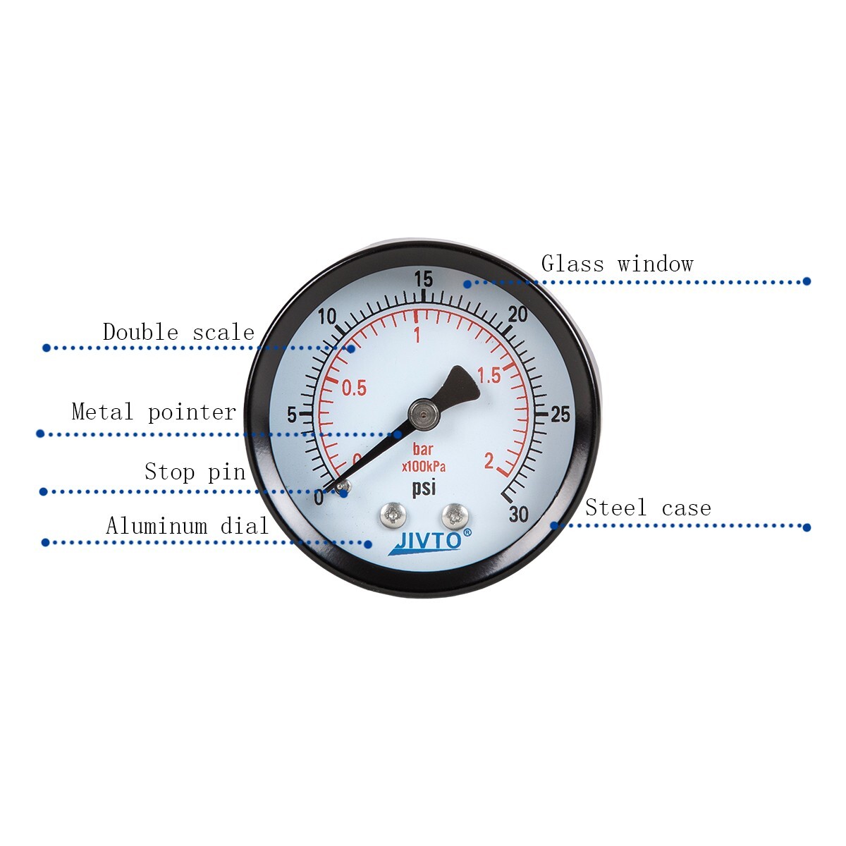 General Dry Pressure Gauge, 1.5″ Dia, 0-30 psi, 1/8 NPT Back Mount ( pack of 1)