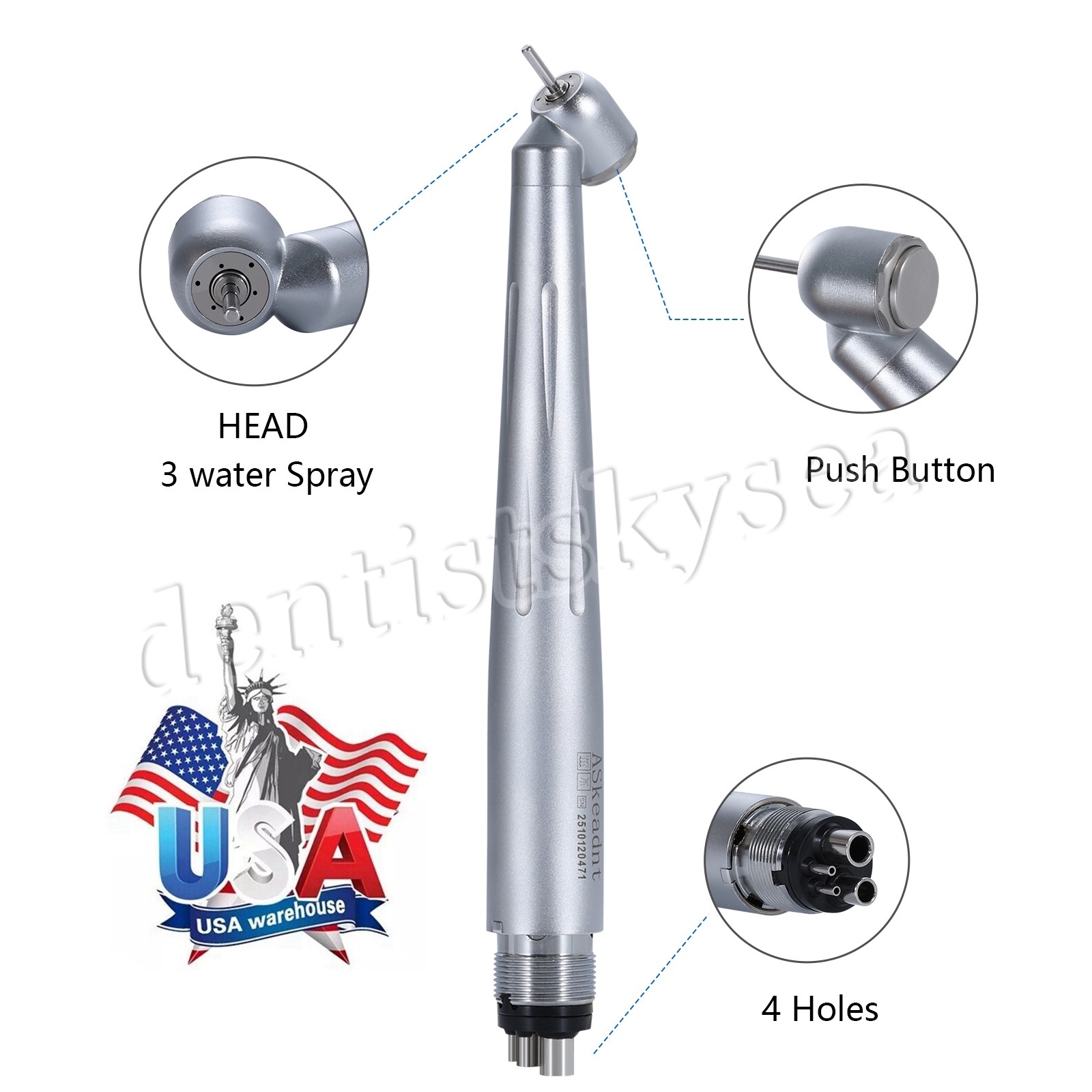 Dental Surgical 45° High Speed Handpiece Push Button Single Water Spray 4HOLE