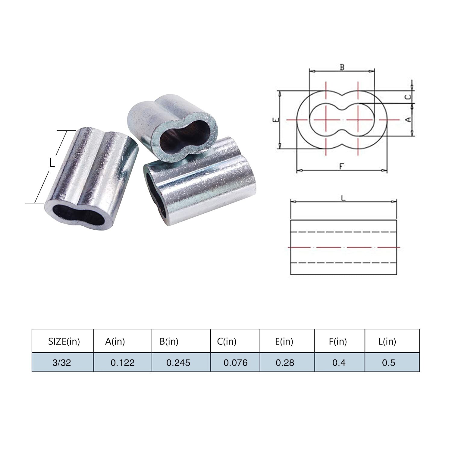 HIGOOD Aluminum Crimping Loop Sleeves Rope for 3/32”,Aluminum Alloy, PK 100