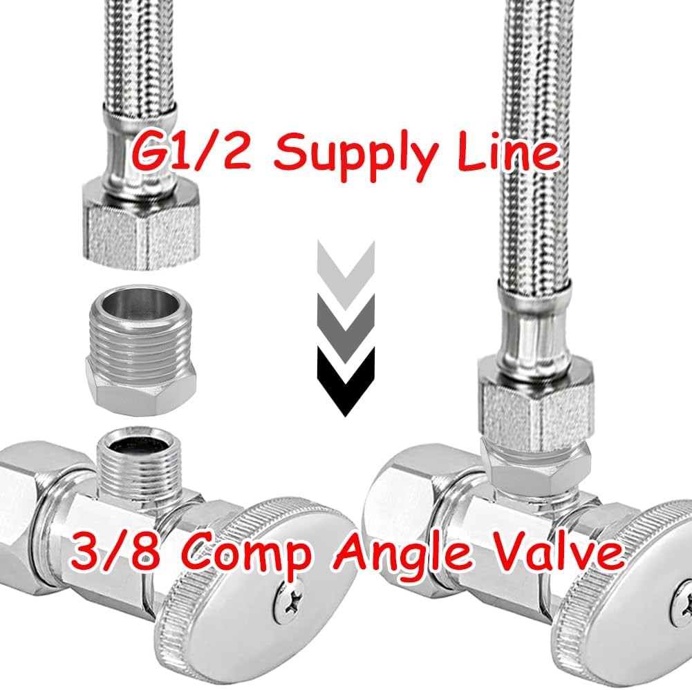 3PCS Water Line Adapter, 1/2″ 1/2 G Male to 3/8 Compression Female, Silvery