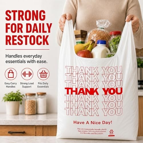 1000 Pack White Thank You T-Shirt Bags with Handles – 11″x6″x21″ Plastic Grocery