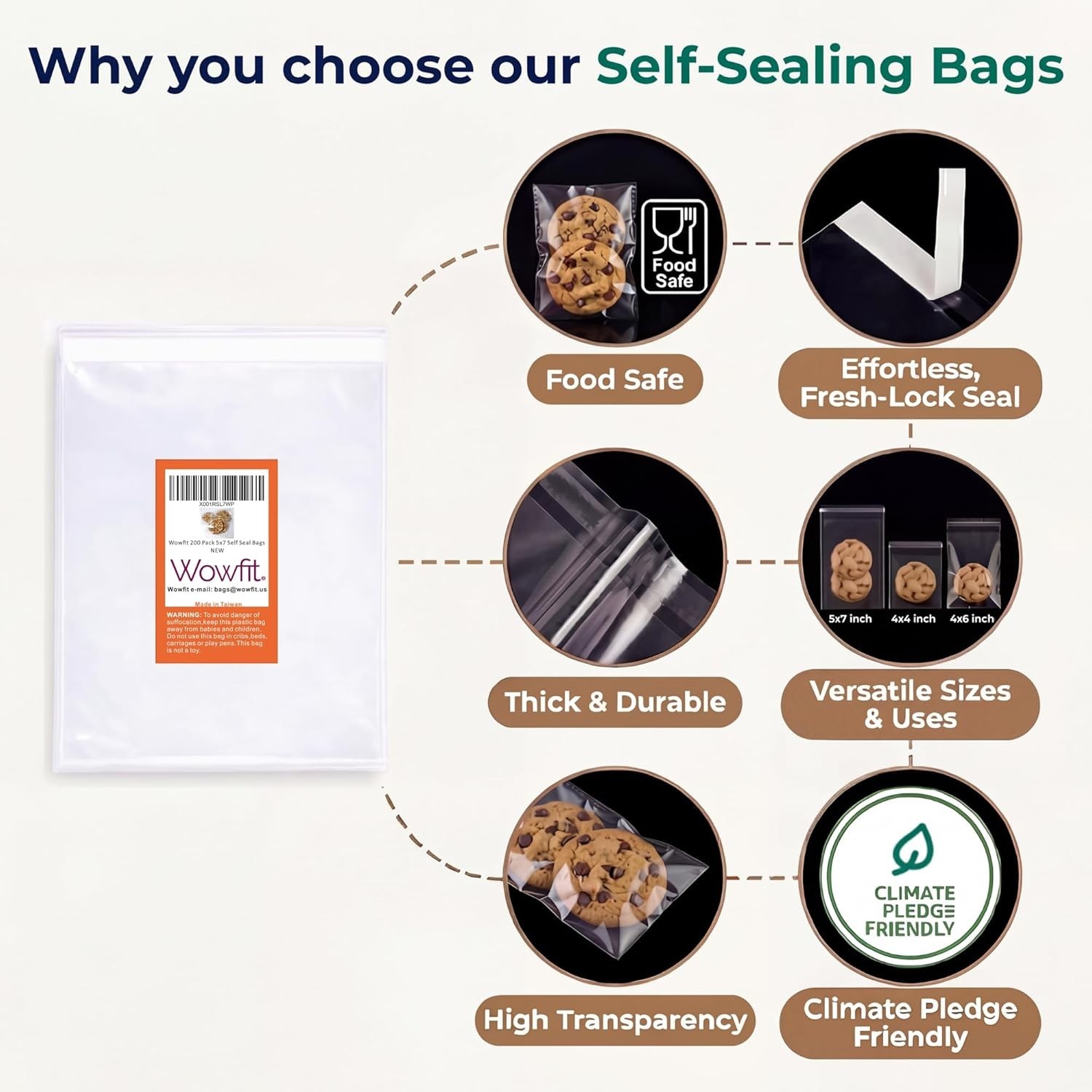 200 Count 5×7 Inch Clear Cellophane Plastic Bags, Resealable Self-Sealing Cel…