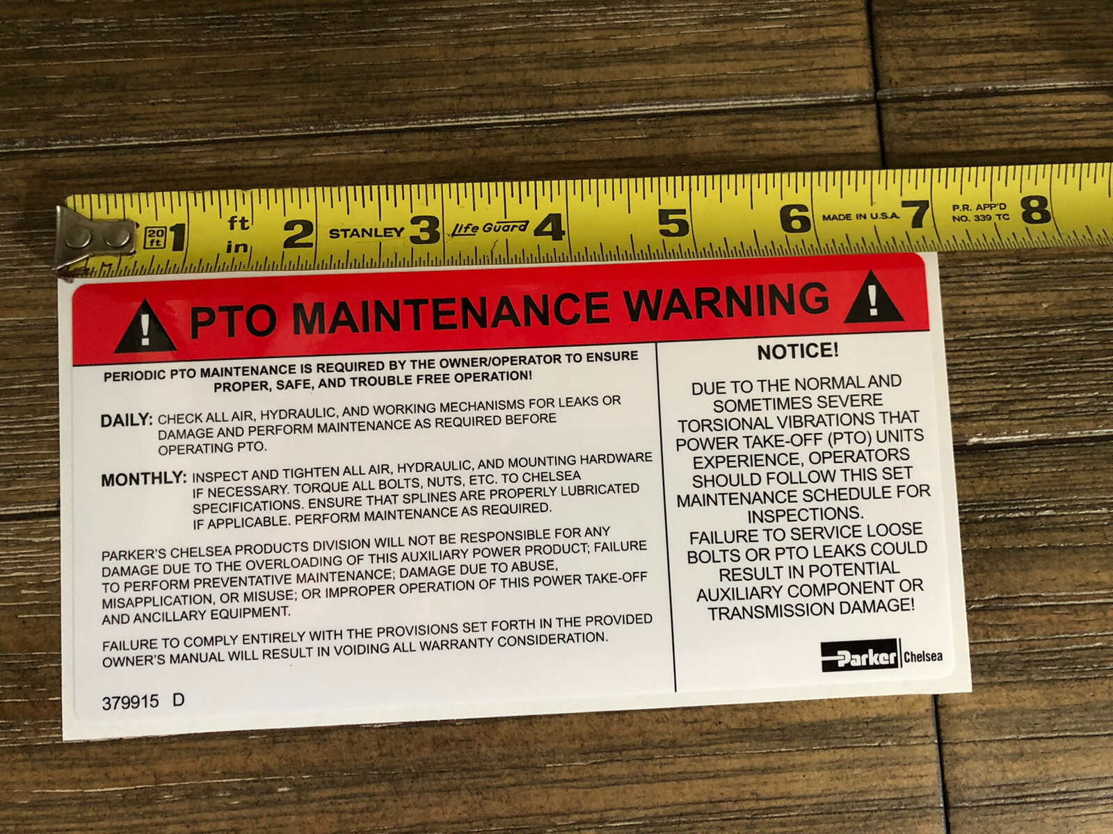 PTO maintenance “WARNING” decal. 3M material. New 3 1/2 in. X 7 in.