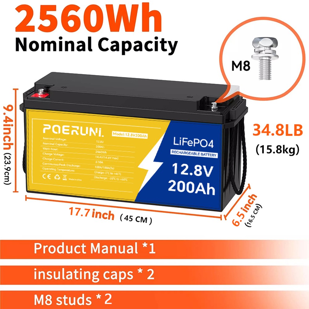 12V 200Ah LiFePO4 Lithium Battery Deep Cycle Built-in BMS for Solar RV Off-Grid