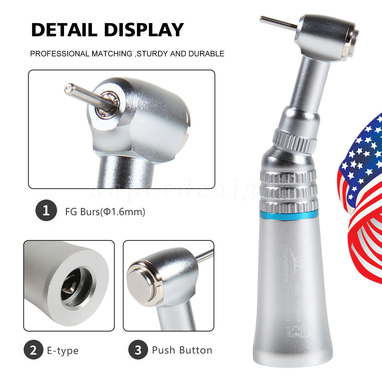 NSK Style Dental Low Speed Handpiece Push Button Contra Angle Fit FG1.6MM Burs
