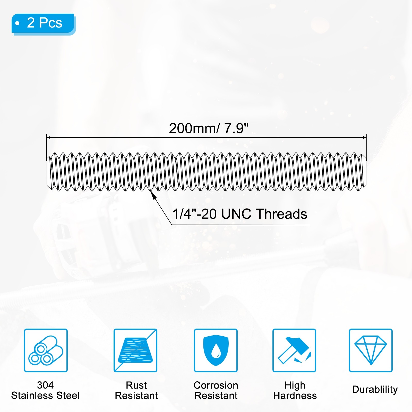 1/4″-20 Fully Threaded Rod, 2Pcs 7.9″ Length 304 Stainless Steel Thread Screw