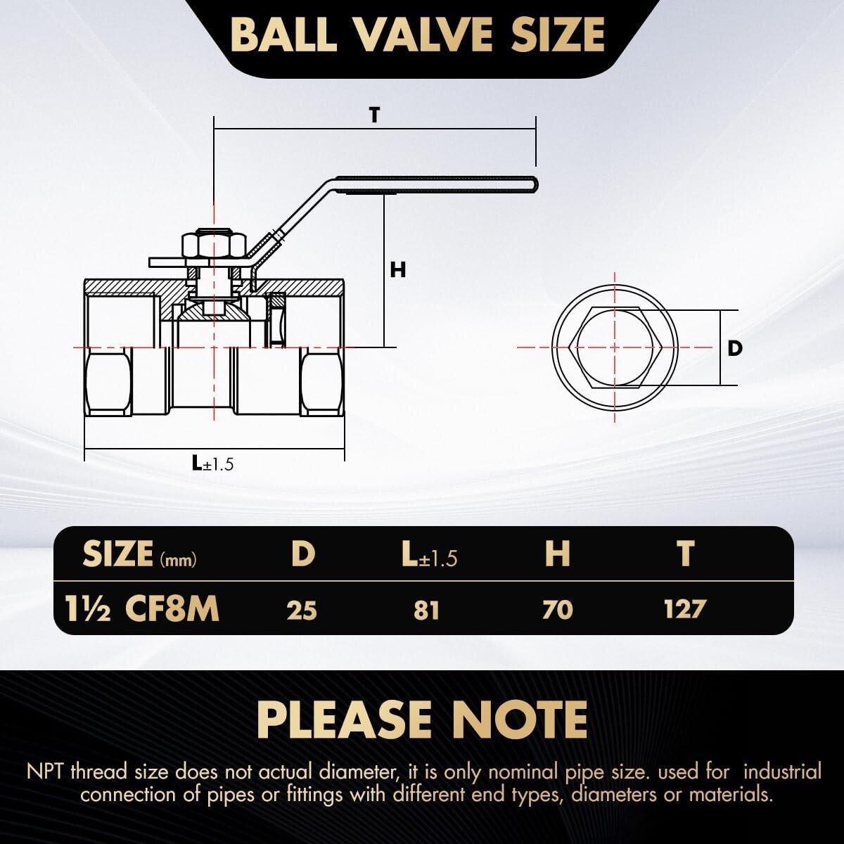 1-Piece 11/2″ Ball Valve Full Port,316 Stainless Steel, 1000 WOG for Water 2PACK