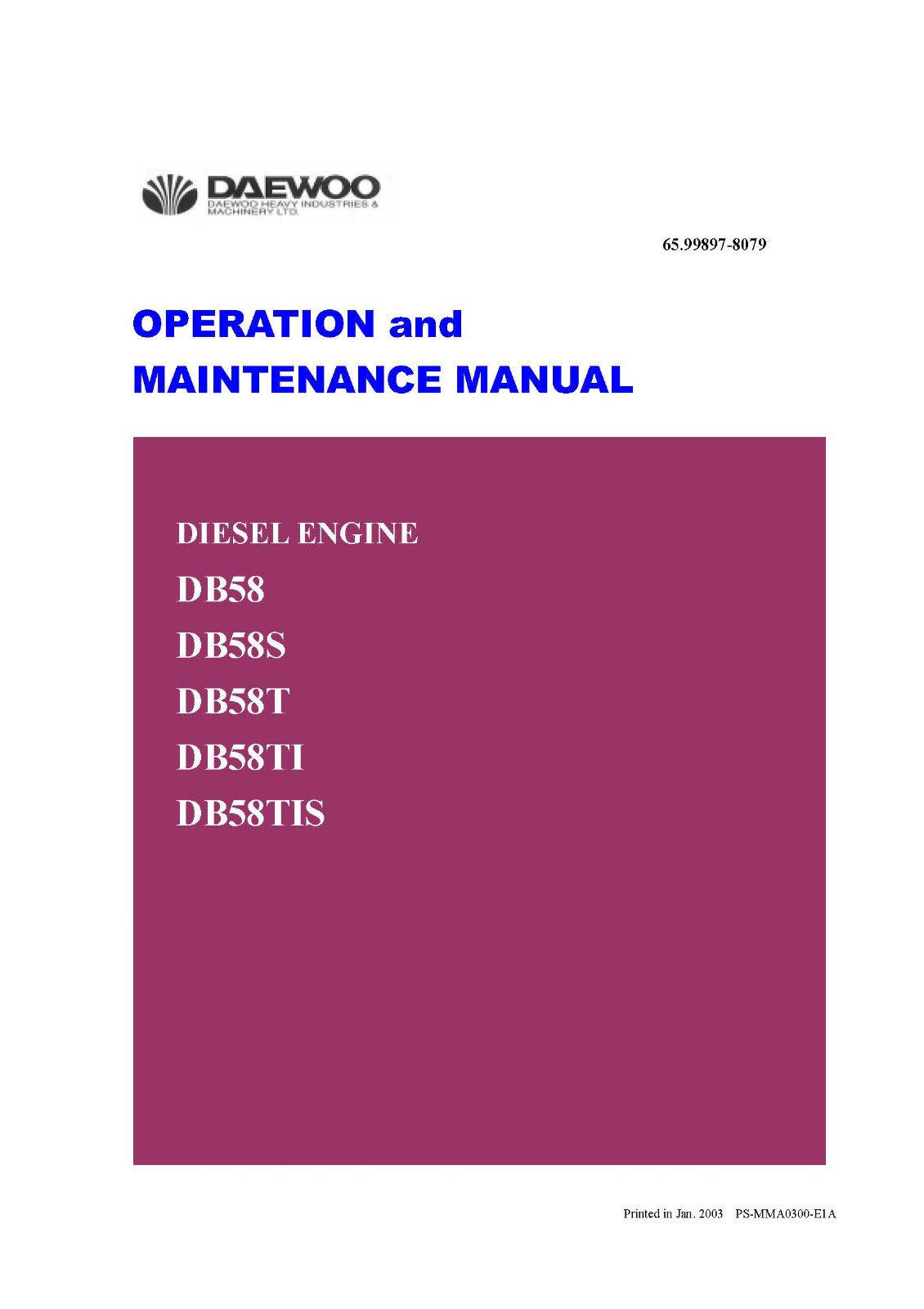Daewoo DB58 DB58S DB58T DB58TI DB58TIS Engine Operation Maintenance Manual