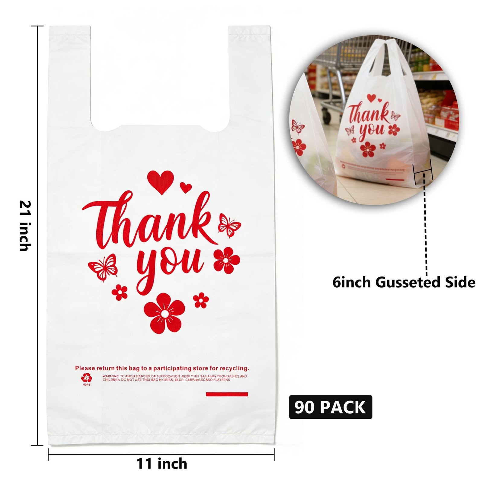 Cupplation White Thank You Plastic T-Shirt Bags with 11 X 6 X 21 Inch,