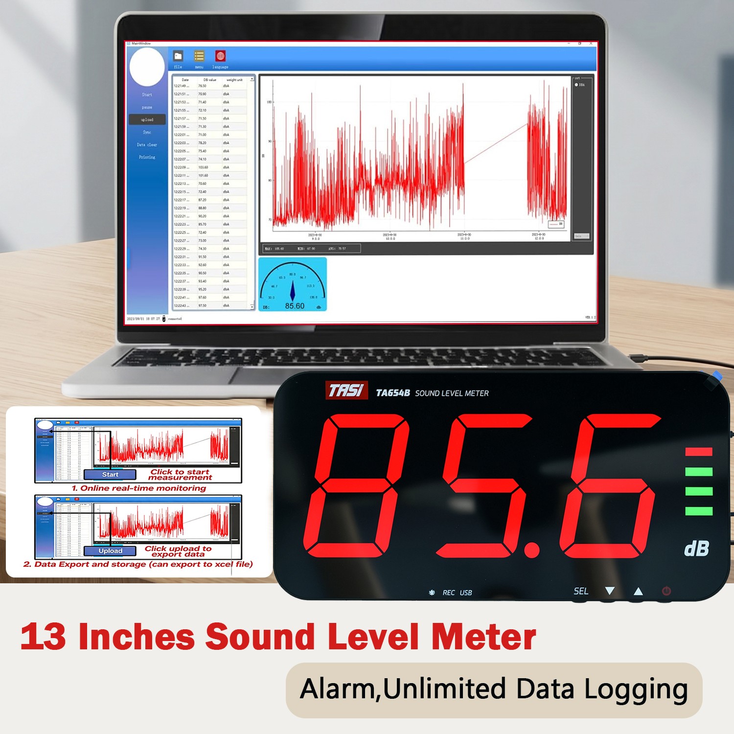 Sound Level Meter Decibel Meter 30-130dB Wall Mount Data Logging Alarm 13″ Large