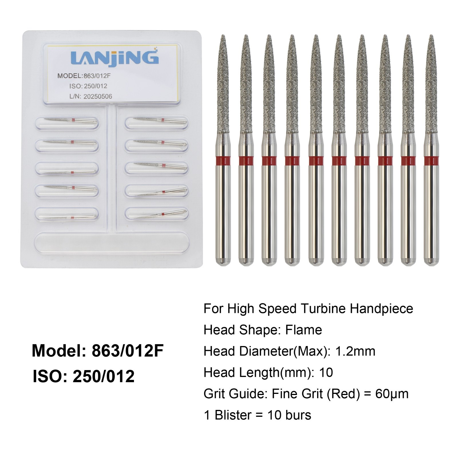 Dental Diamond Burs FG Flame Fine High Speed Bur Friction Grip Grit Red 863/012F