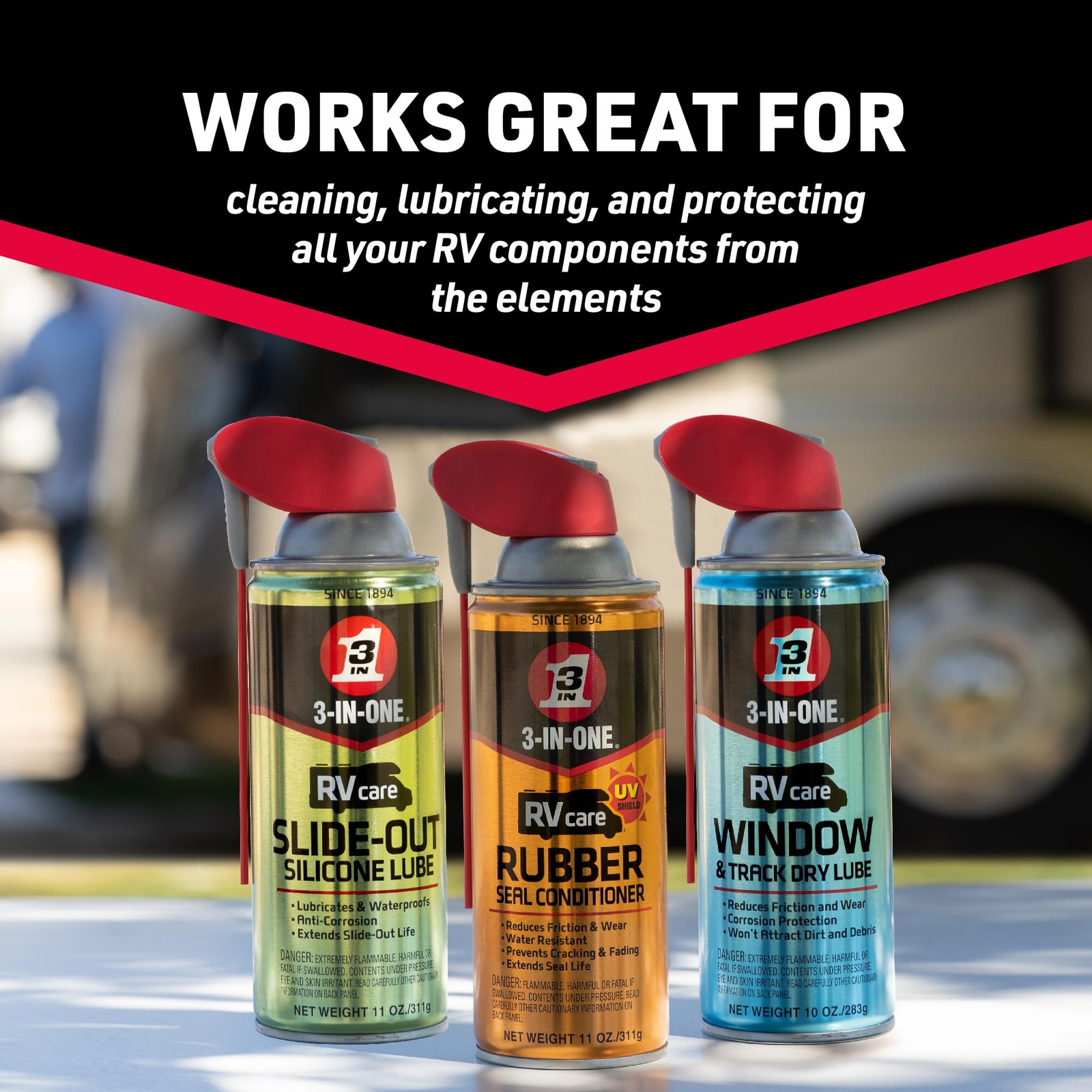 3-IN-ONE RV Care Trio Pack Includes Slide Out Lube 11 oz, Window & Track Lube