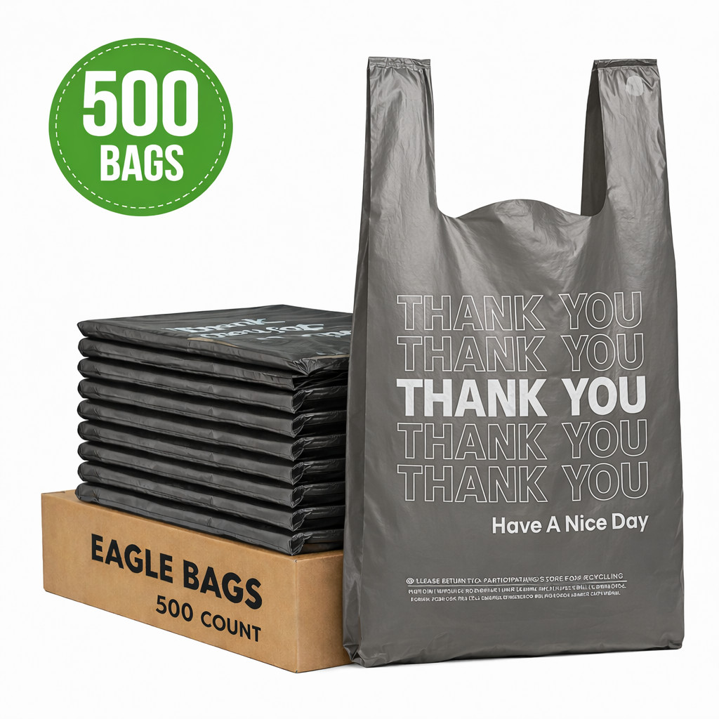500ct Large T-Shirt Bags 11.5×6.5×21 – Heavy Duty Black Plastic Bags Large NEW
