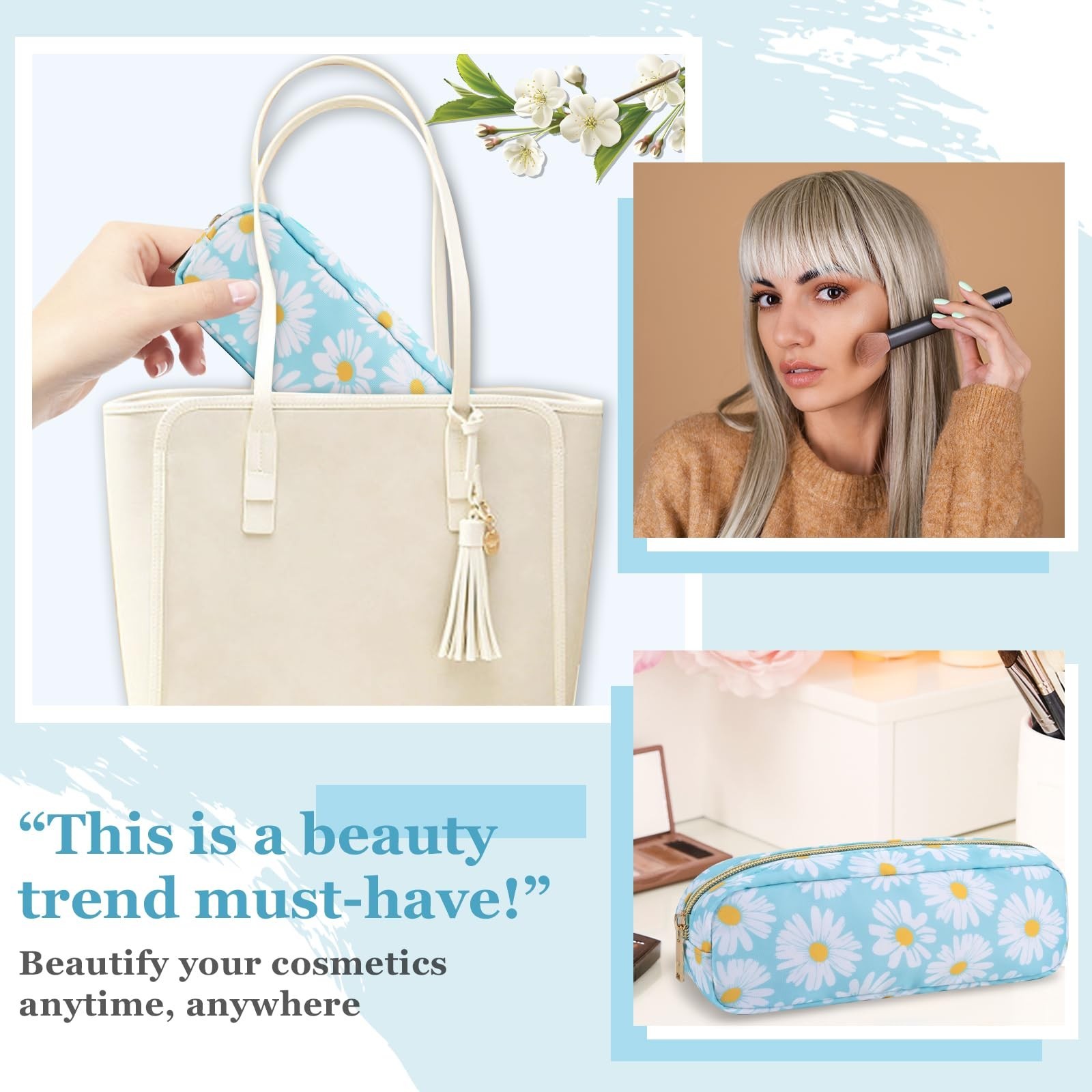 Nylon Small Floral Makeup Bag, Slim Preppy Cute Makeup Brush Case, Waterproof…