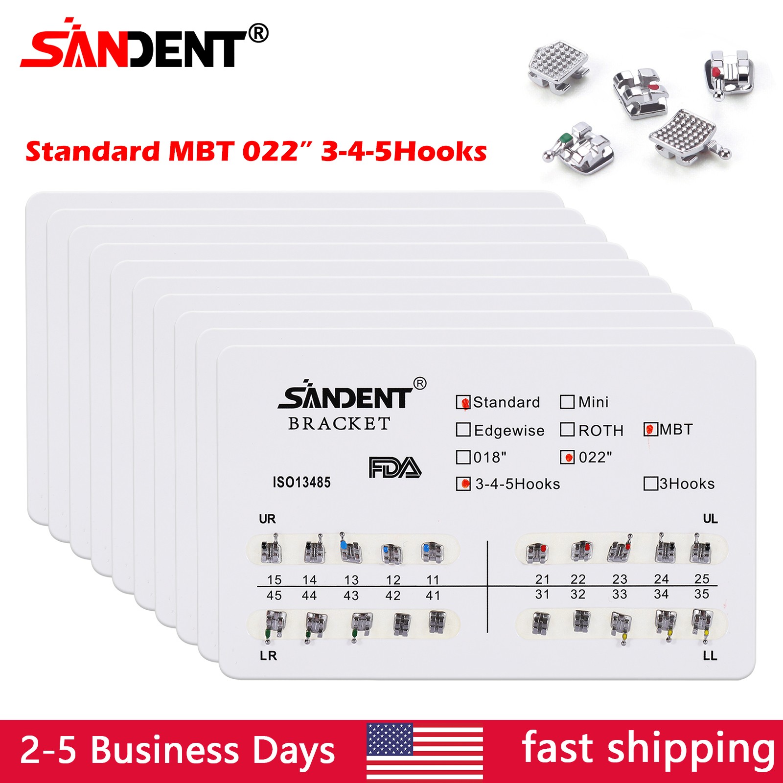 10x SANDENT Dental Orthodontics Brackets Brace Standard MBT 0.022″ Hooks 3-4-5