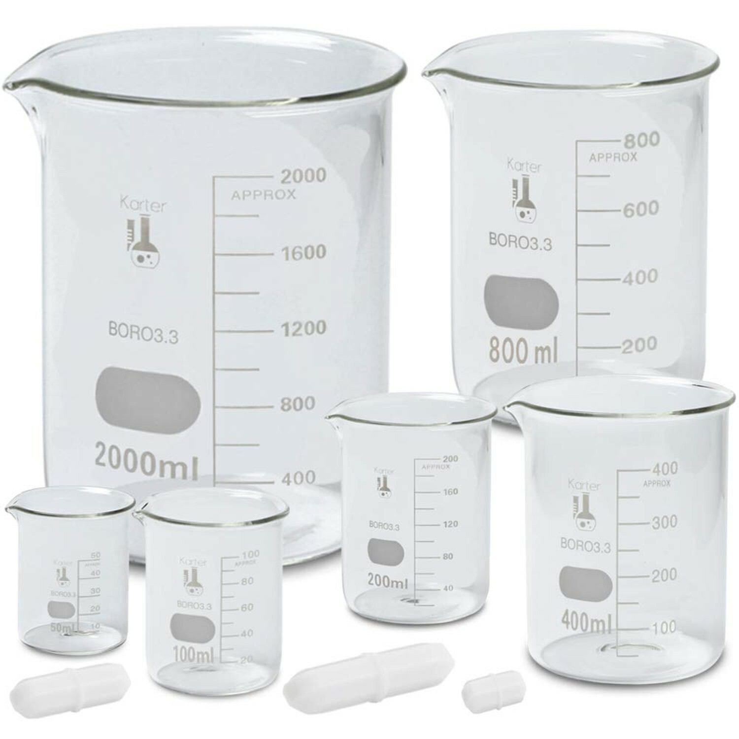 Beaker Set with Magnetic Stir Bar Set, 6 Sizes – 50/100/200/400/800/2000ml