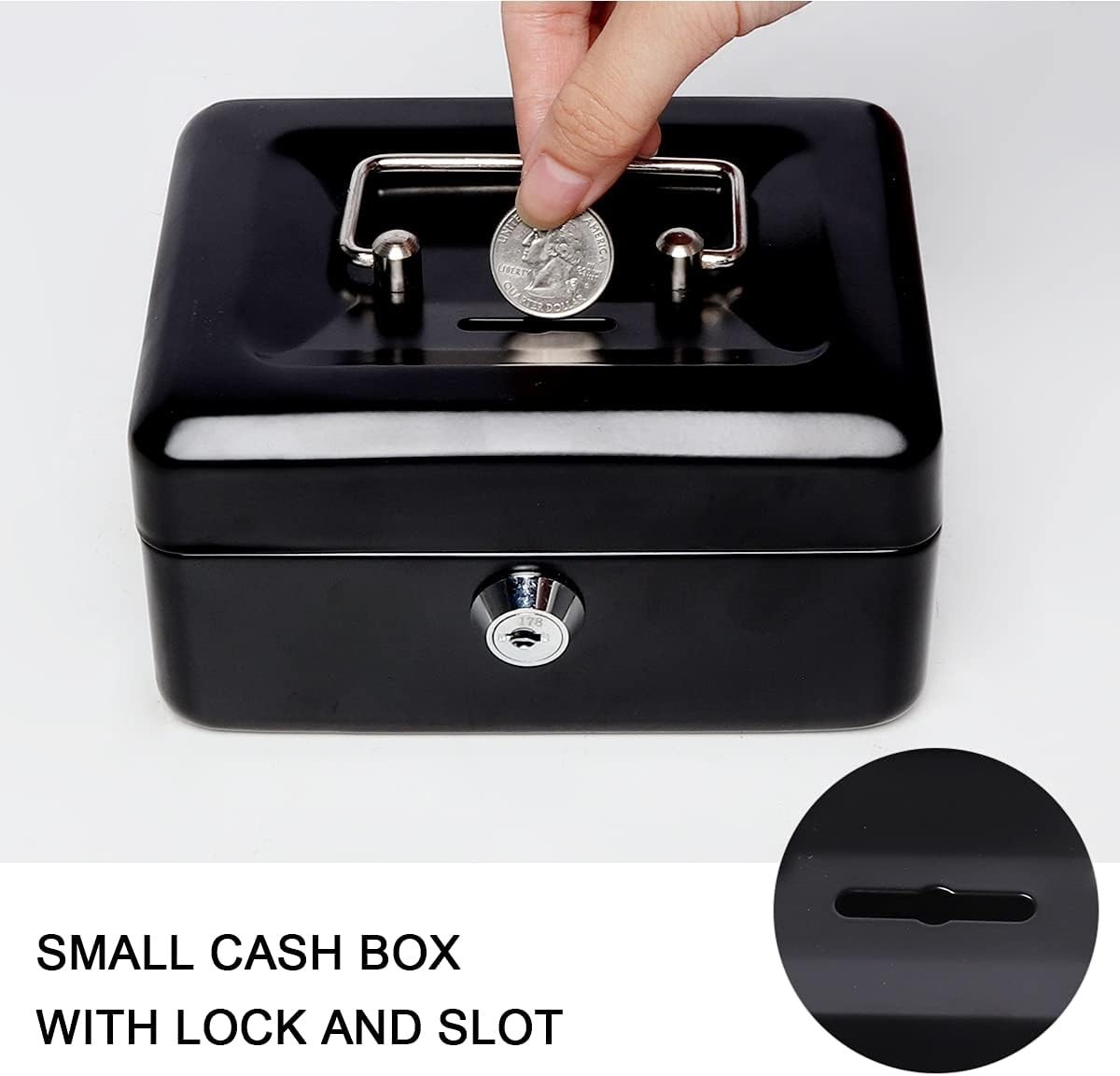 Compact Black Metal Lock Cash Box for Secure Storage – 5.91 x 4.72 x 2.95 in.