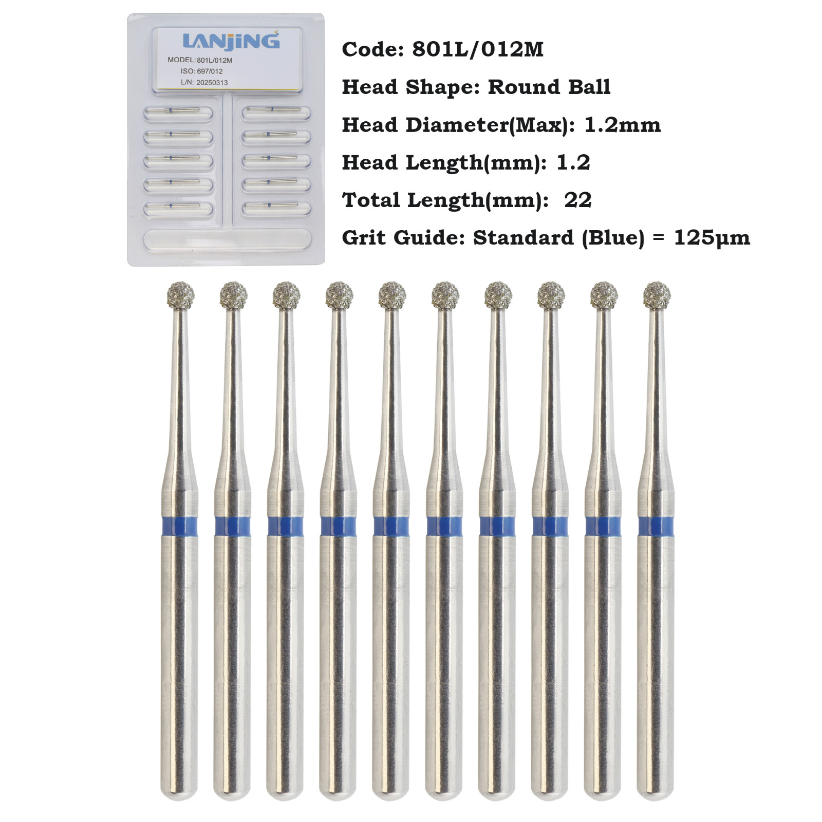 Dental Round Diamond Bur Surgical Long Burs 801L/012M Medium Grit FG High Speed