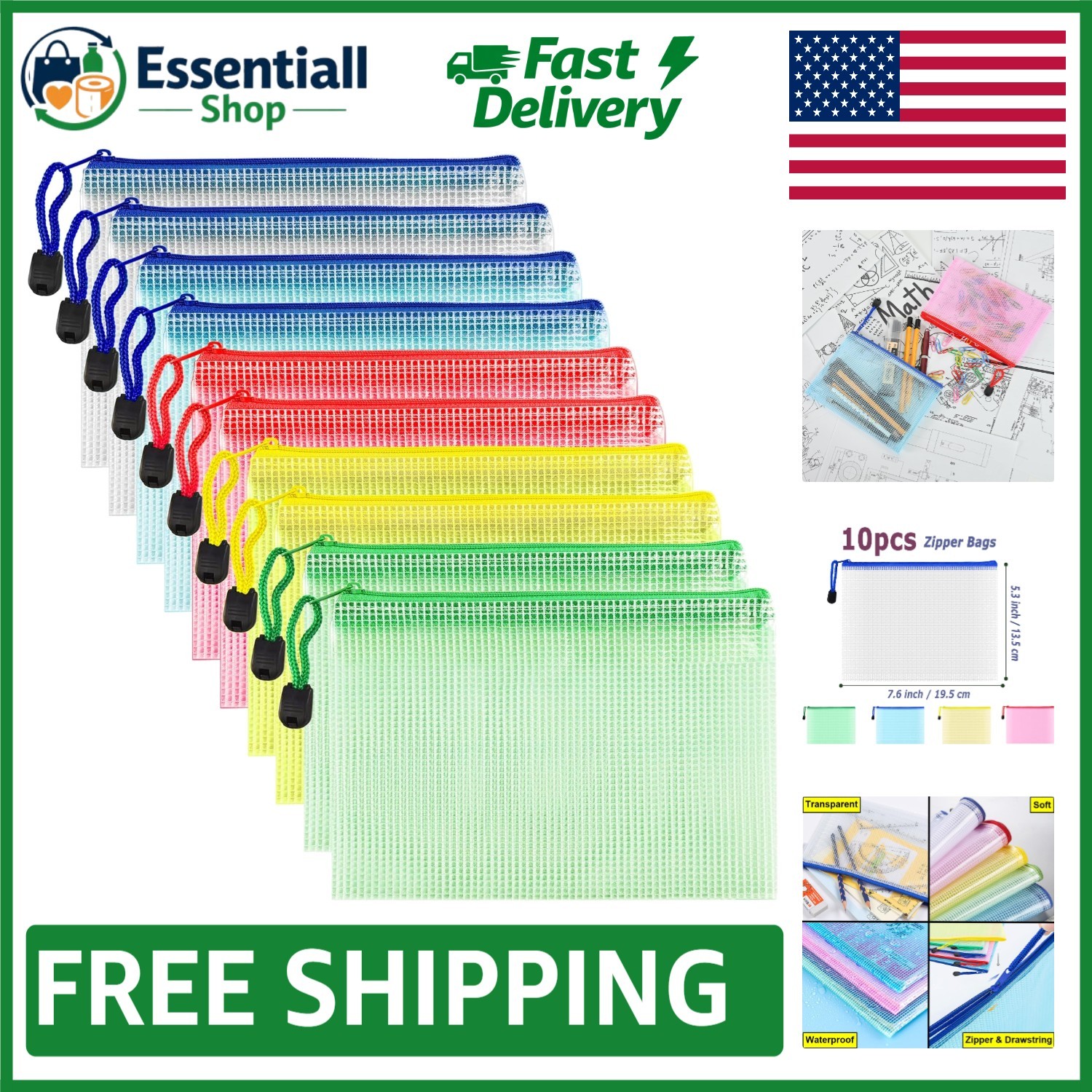 B6 Size Waterproof Mesh Pouch Set, 10 Multicolored Zipper Bags for Home & Office