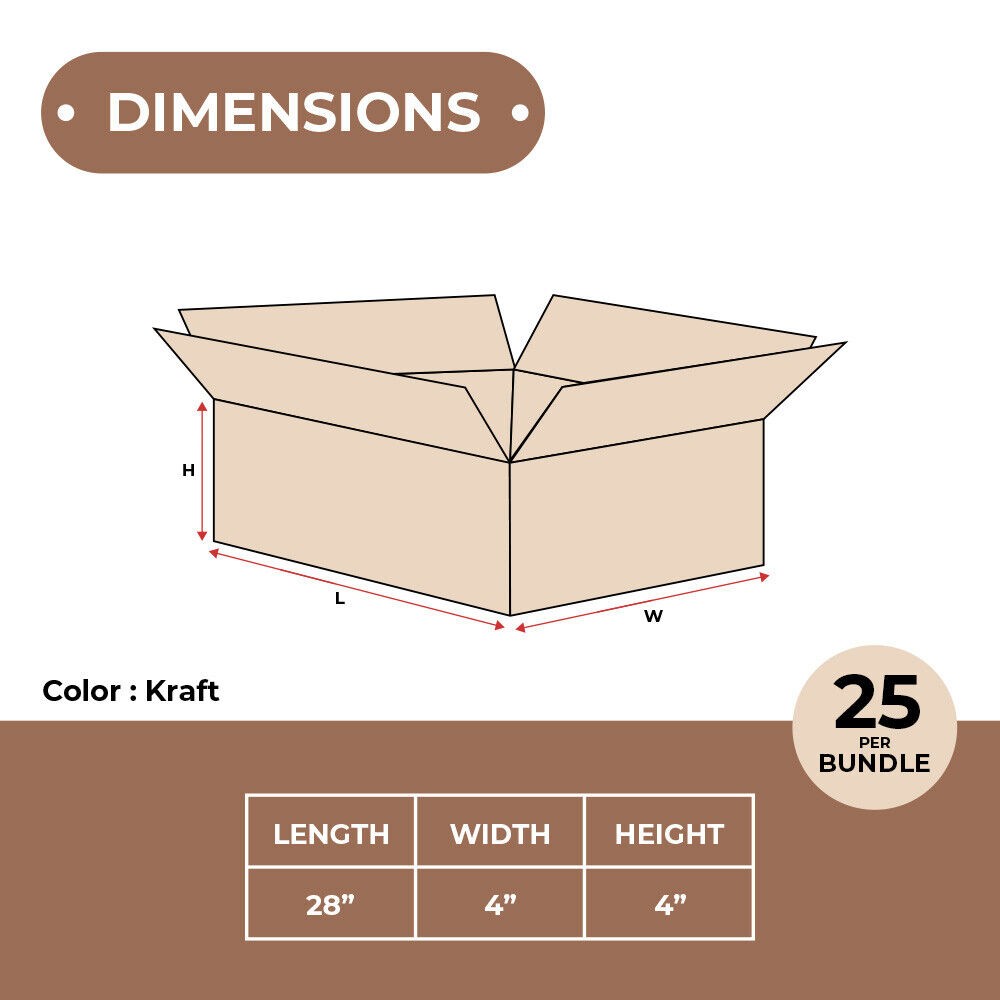 25 Brown 28x4x4 Long Corrugated Boxes – ECT32 Kraft Shipping/Moving Cartons