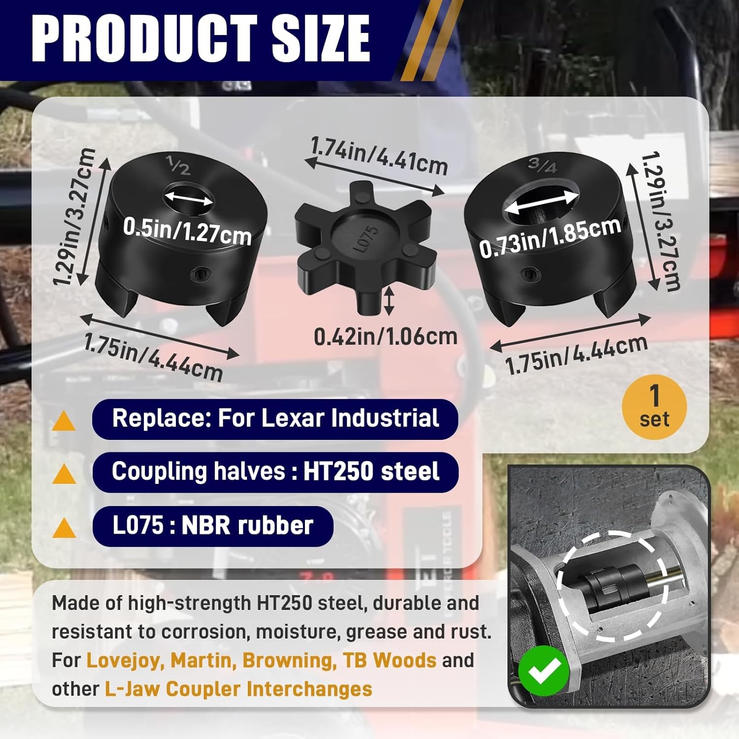 1/2″ to 3/4″ L075 Flexible L-Jaw Coupling Coupler Set Rubber For Log Splitter
