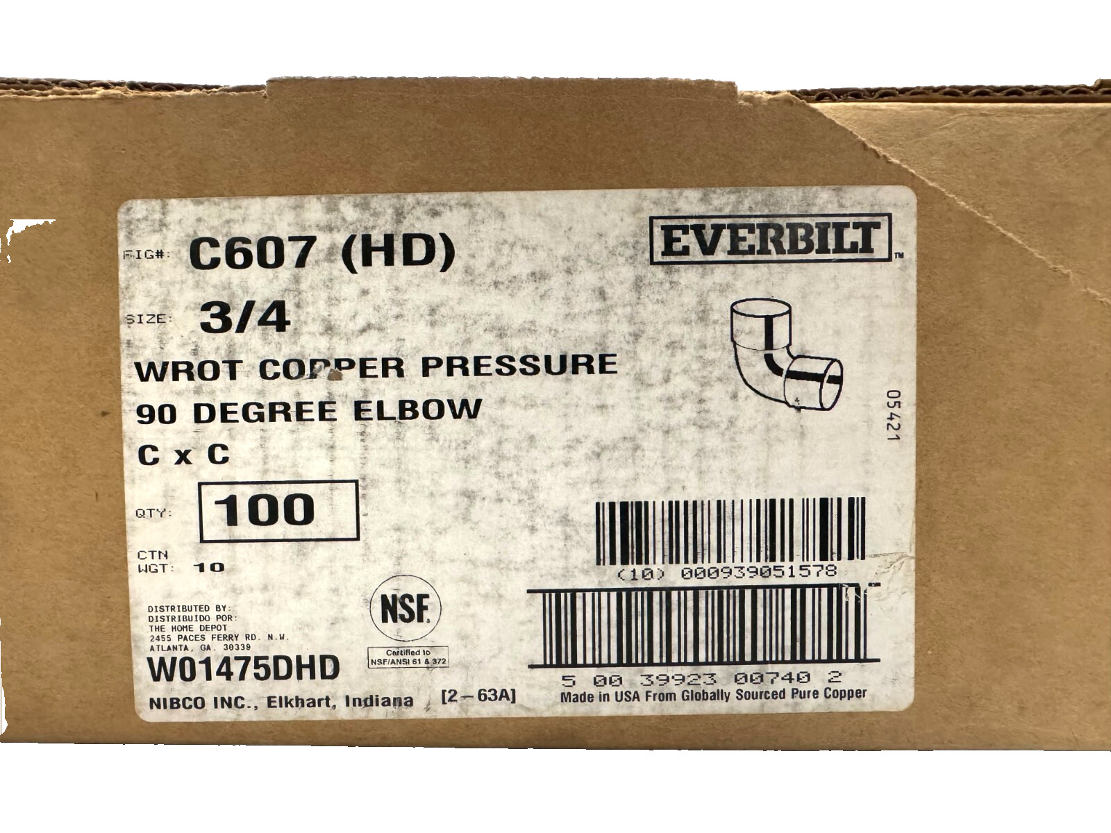 Everbilt Copper Elbow 3/4 in x 3/4 in 90 Degree Cup Elbow Fitting C607, 100 Pack