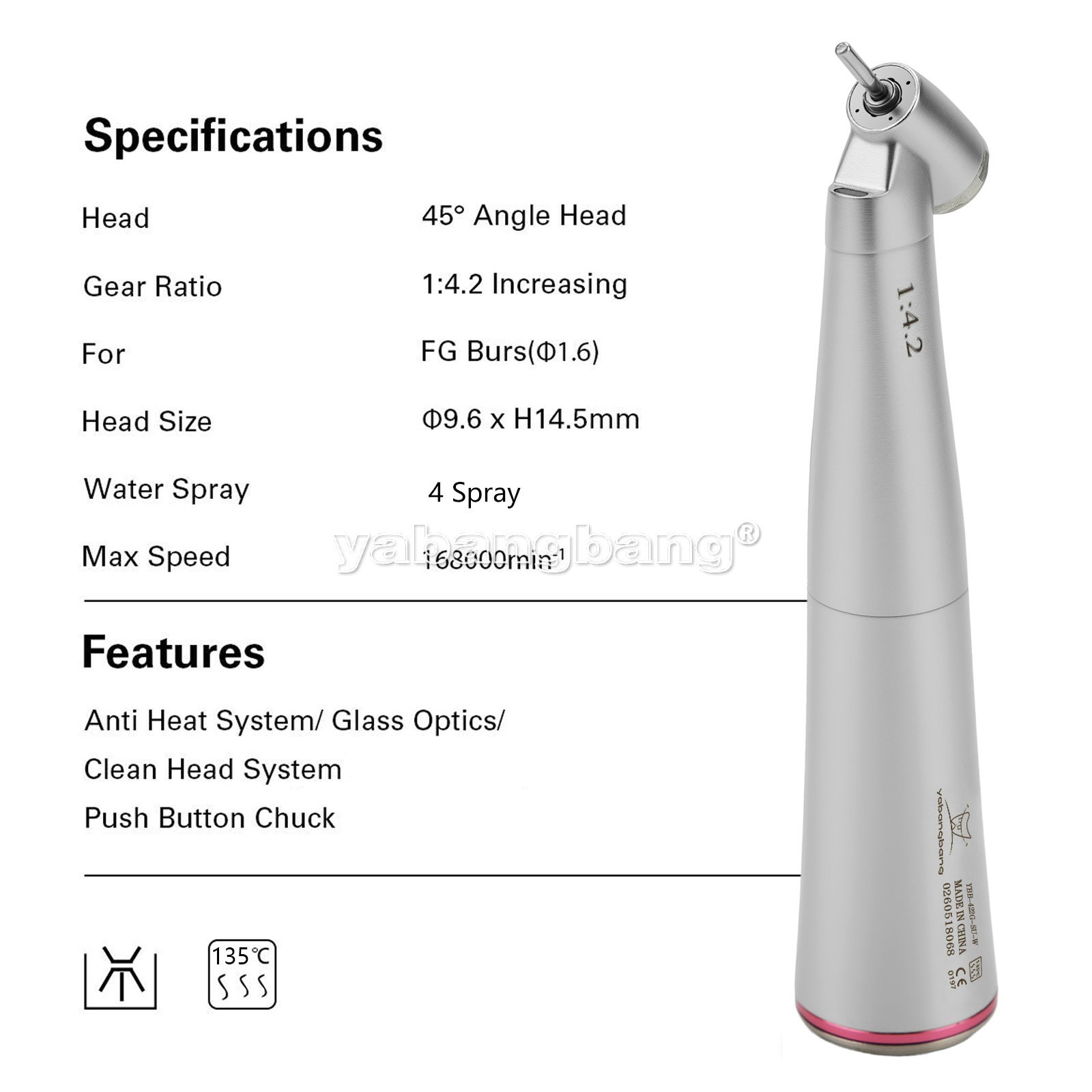 Dental 45° Angle push button head contra angle fiber optic 1:4.2 handpiece USA